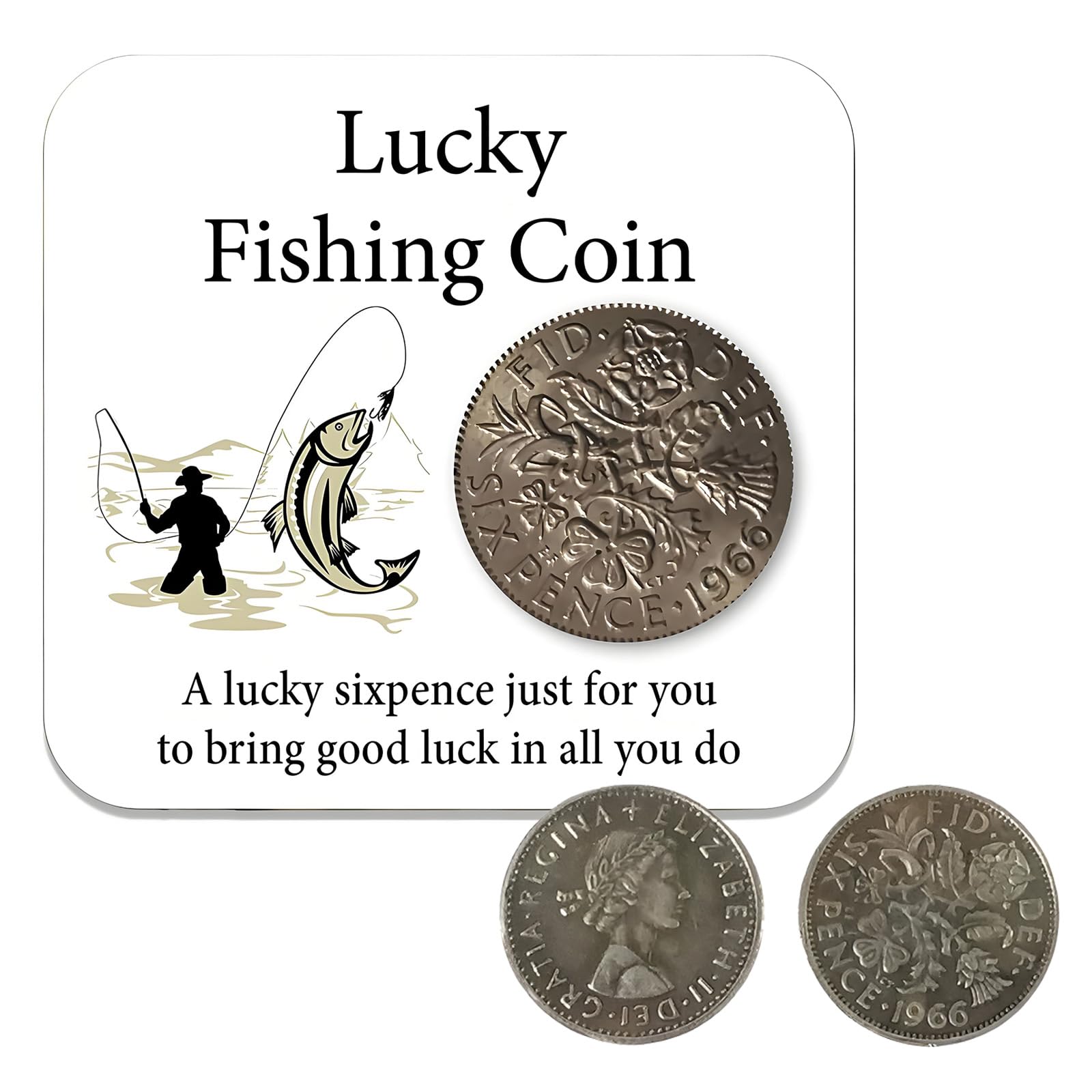 Plorede Lucky Fishing Coin and a Card, Lucky Sixpence Fisherman Gift, 1966 Silver Sixpence for Men – Birthday Gifts for Husband Brother Dad and Friend