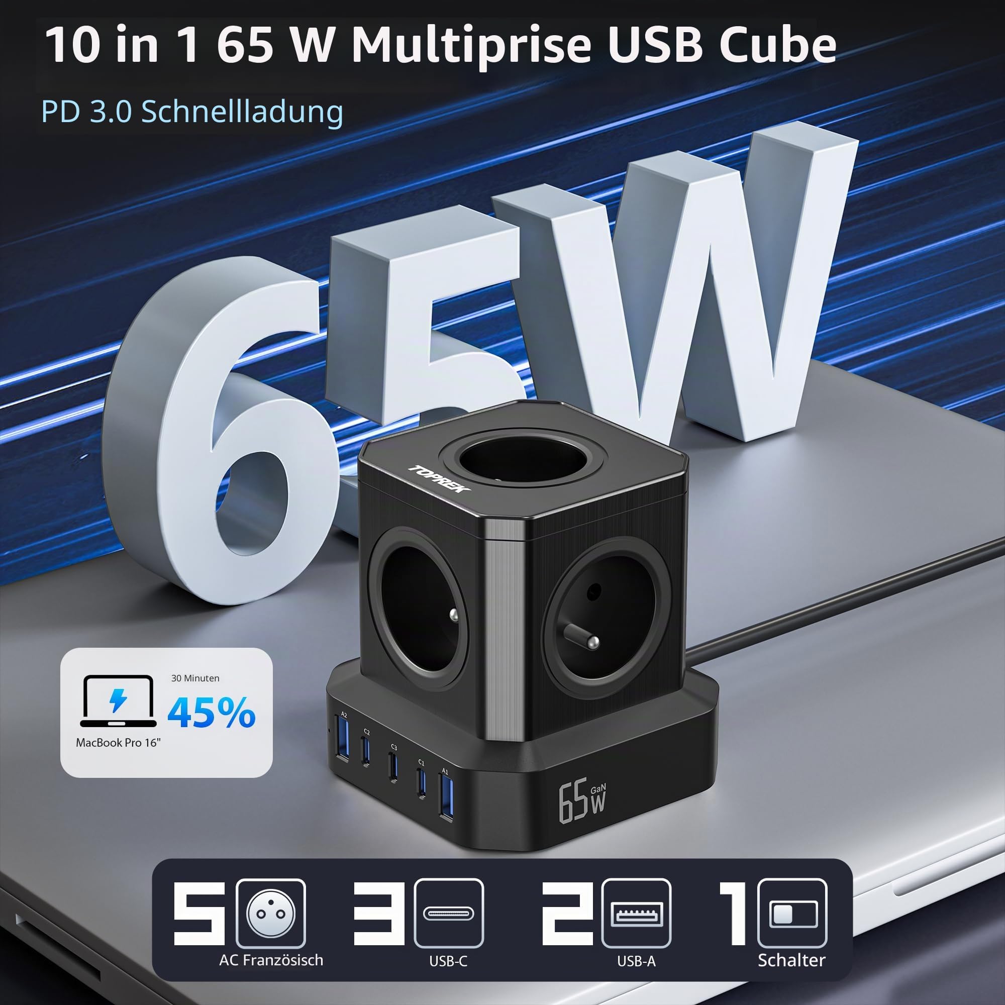 65W PD3.0 USB-C Mehrfachsteckdose, TOPREK 5 Wege Verlängerungskabel (16A/4000W) mit Mehrfachsteckdose und Kindersicherung, 2m, Verlängerungskabel für Zuhause, Wohnheim, Büro, Reisen