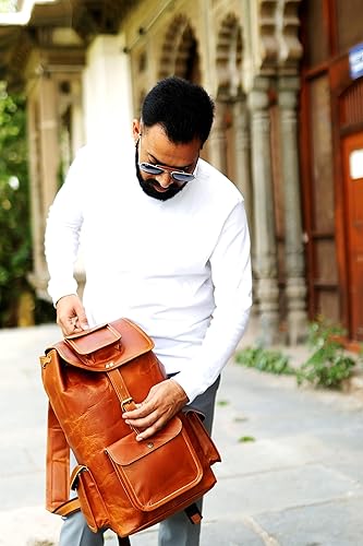 Miniatura 7 de Mochila de cuero vintage para hombre de 16 pulgadas, bolsa de viaje de negocios, senderismo, mochila de hombro, Marrón, Mochilas de viaje