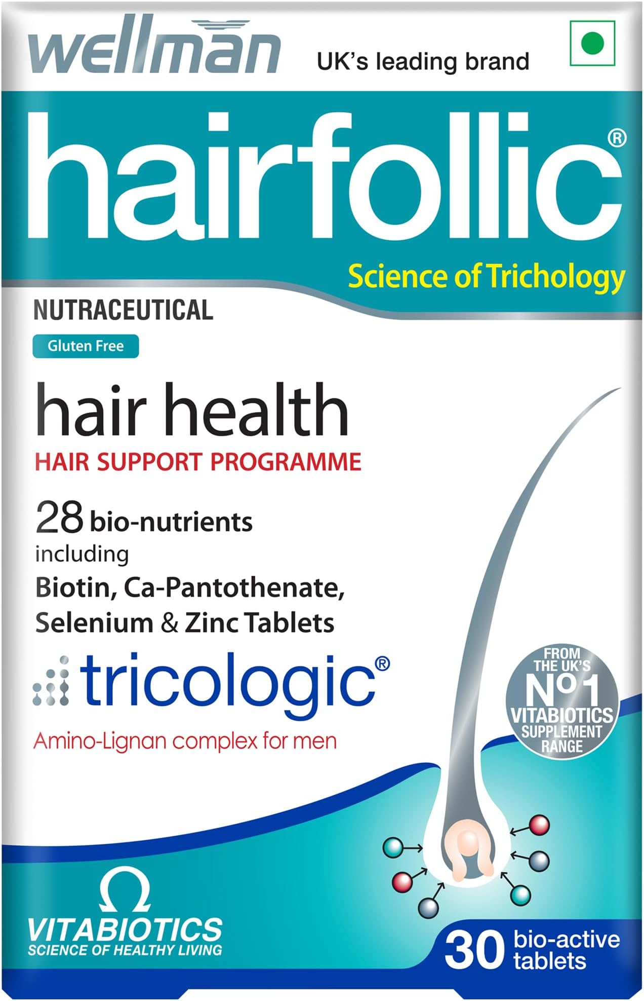 Hairfollic Hair supplements for Men with zinc, selenium, lignans that supports hair growth, provide strength to hair roots | vegetarian 30 tablets
