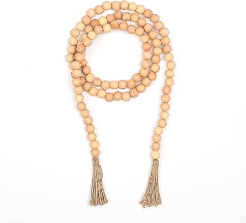 Miniatura 8 de Light & Pro Guirnalda de cuentas de madera rústica con borlas de yute natural, guirnalda decorativa estilo campestre para colgar en la pared para