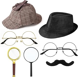 Jeyiour 8 Pieces Detective Costume Accessories Set 100 Days of School Detective Hat Magnifying Glass Glasses Fake Mustache (Classic Style)