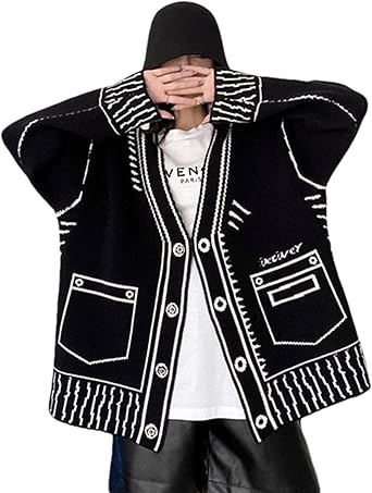 Women Print Graffiti Unique Cardigan Sweater Y2k Fake Pocket Long Sleeve Button Up Open Front Knit Sweaters Coat