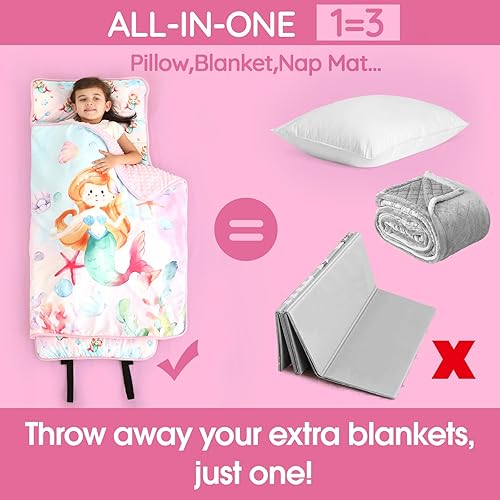 Miniatura 26 de ACRABROS Tapete para siesta para niños pequeños con almohada y manta, alfombrillas enrolladas extra grandes, sacos de dormir para niños y niñas