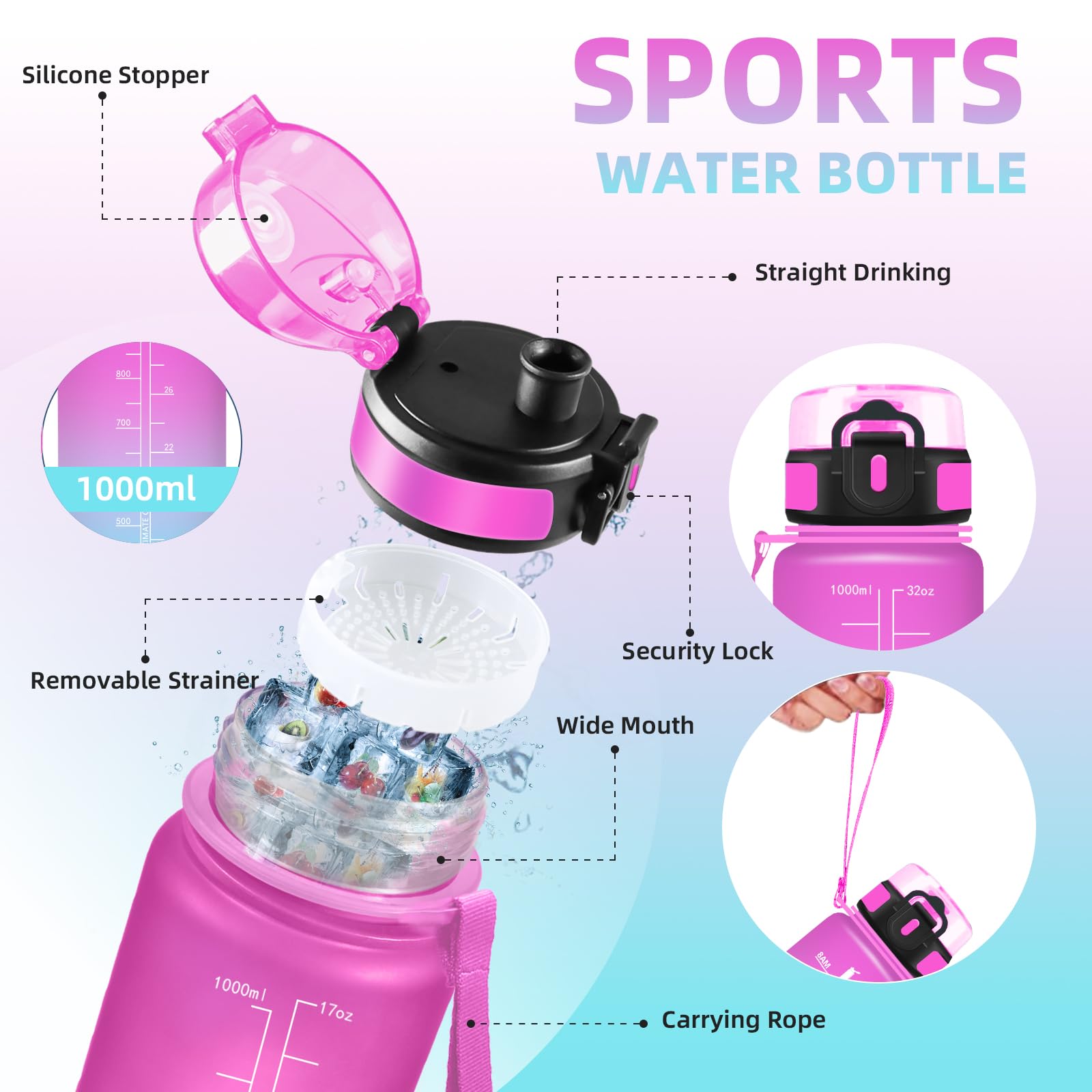 Botella Agua- 1 litro- Botella Agua Gimnasio, A Prueba de Fugas, Cantimplora con Filtro, Water Bottle con Eslogan Motivador, con Cepillo de Esponja, Cantimplora para la Yoga, Oficina, Triatlón - 5