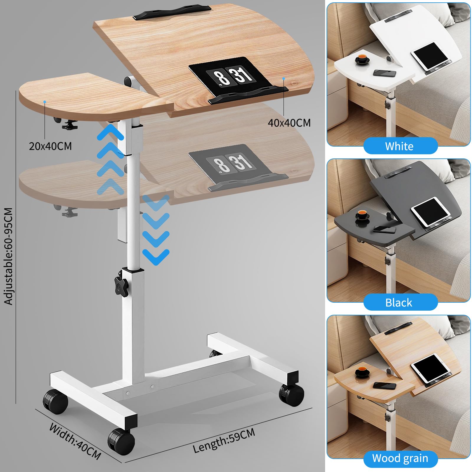 Table de lit réglable pour ordinateur portable avec bureau inclinable, roulettes et panier de rangement amovible, bureau de chevet réglable en hauteur pour bureau à domicile, étude, lecture et