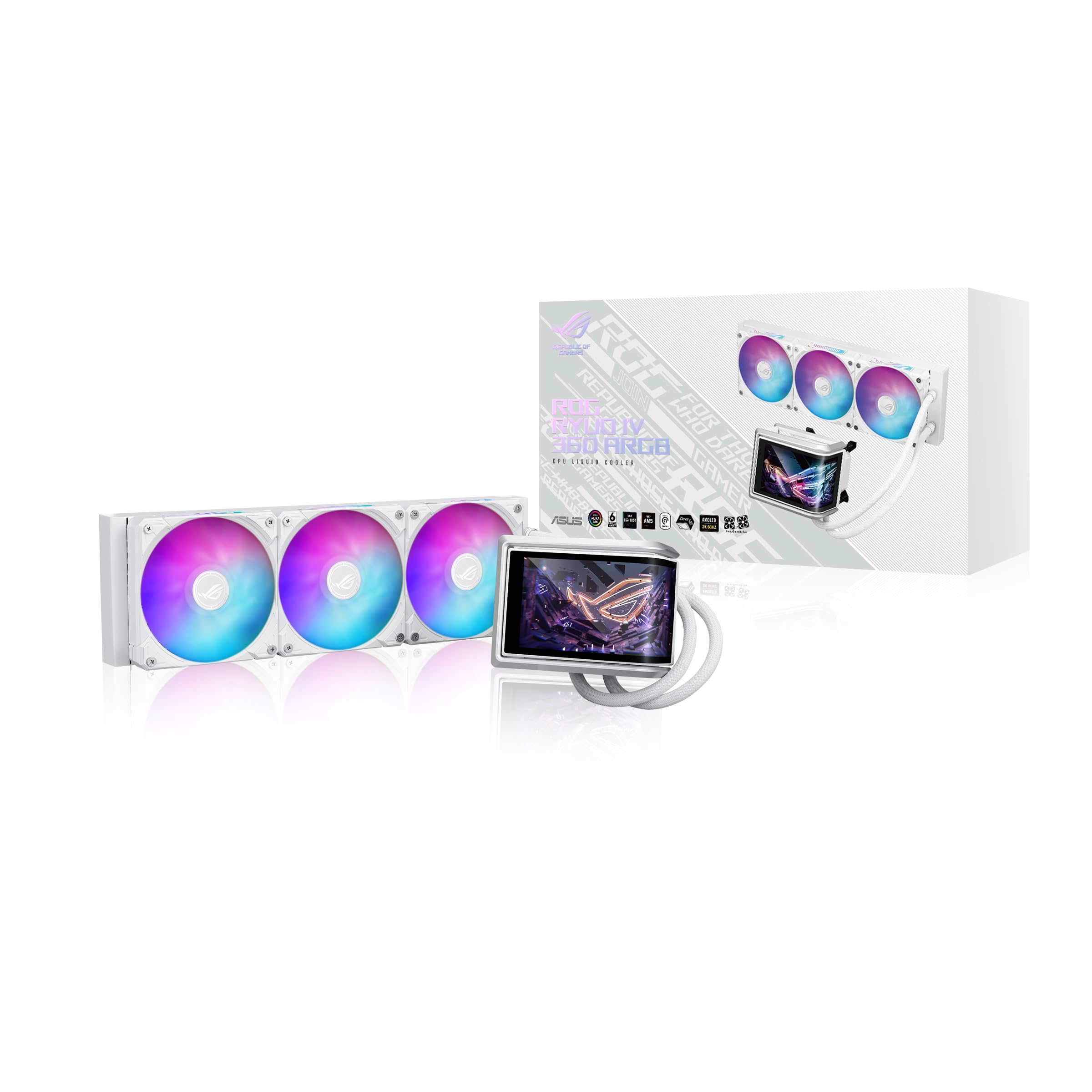 ASUS ROG Ryuo IV 360 ARGB Beyaz, Hareketli Kavisli 6.67 inç AMOLED Ekran, 3D Efekt, Asetek Emma Gen8 V2 Pompa, Aura Edge Aydınlatma