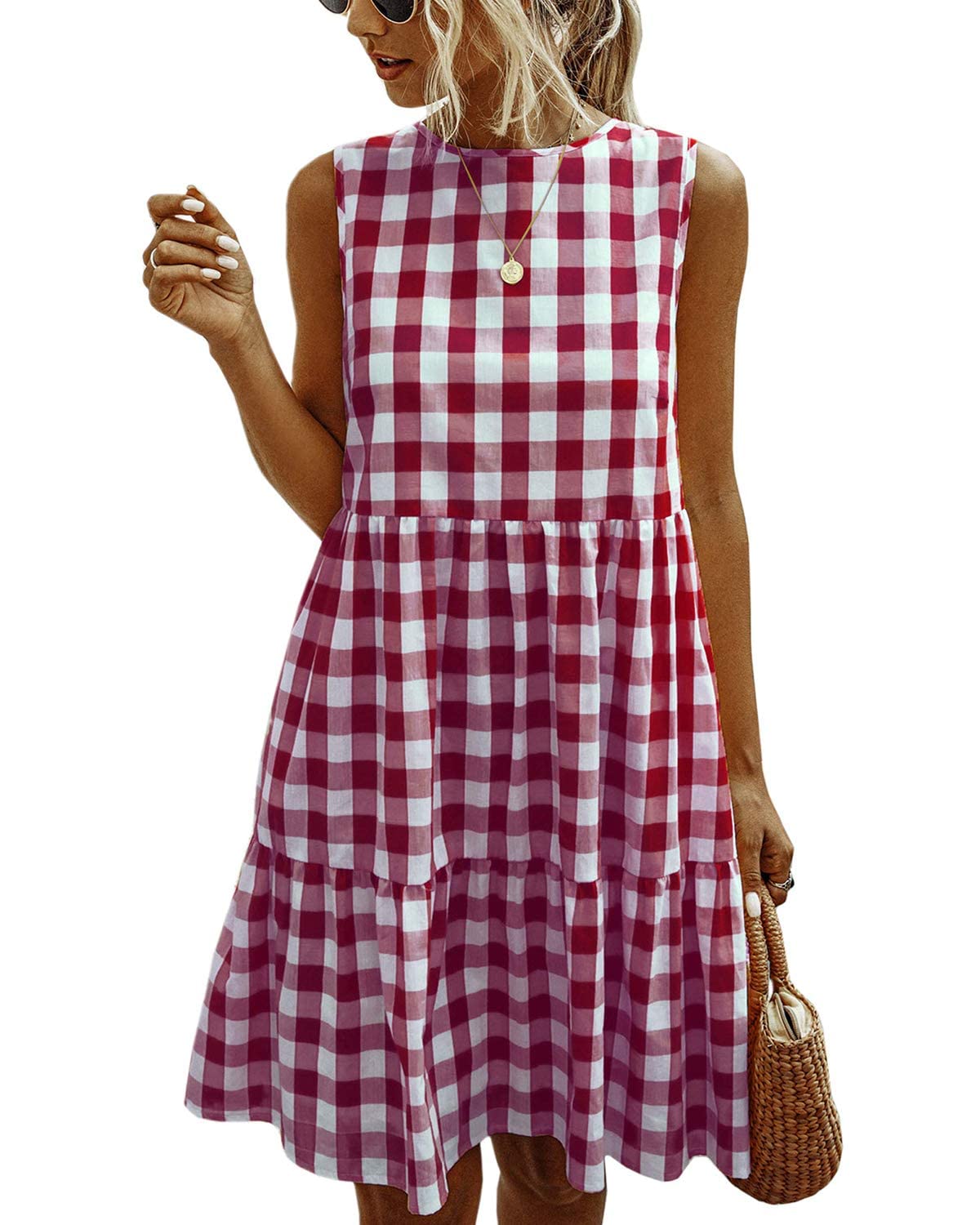 LANISEN Womens Casual Summer Short Ruffle Sleeve Babydoll Loose Swing Mini Dress V Neck Solid Tunic Shift Dress