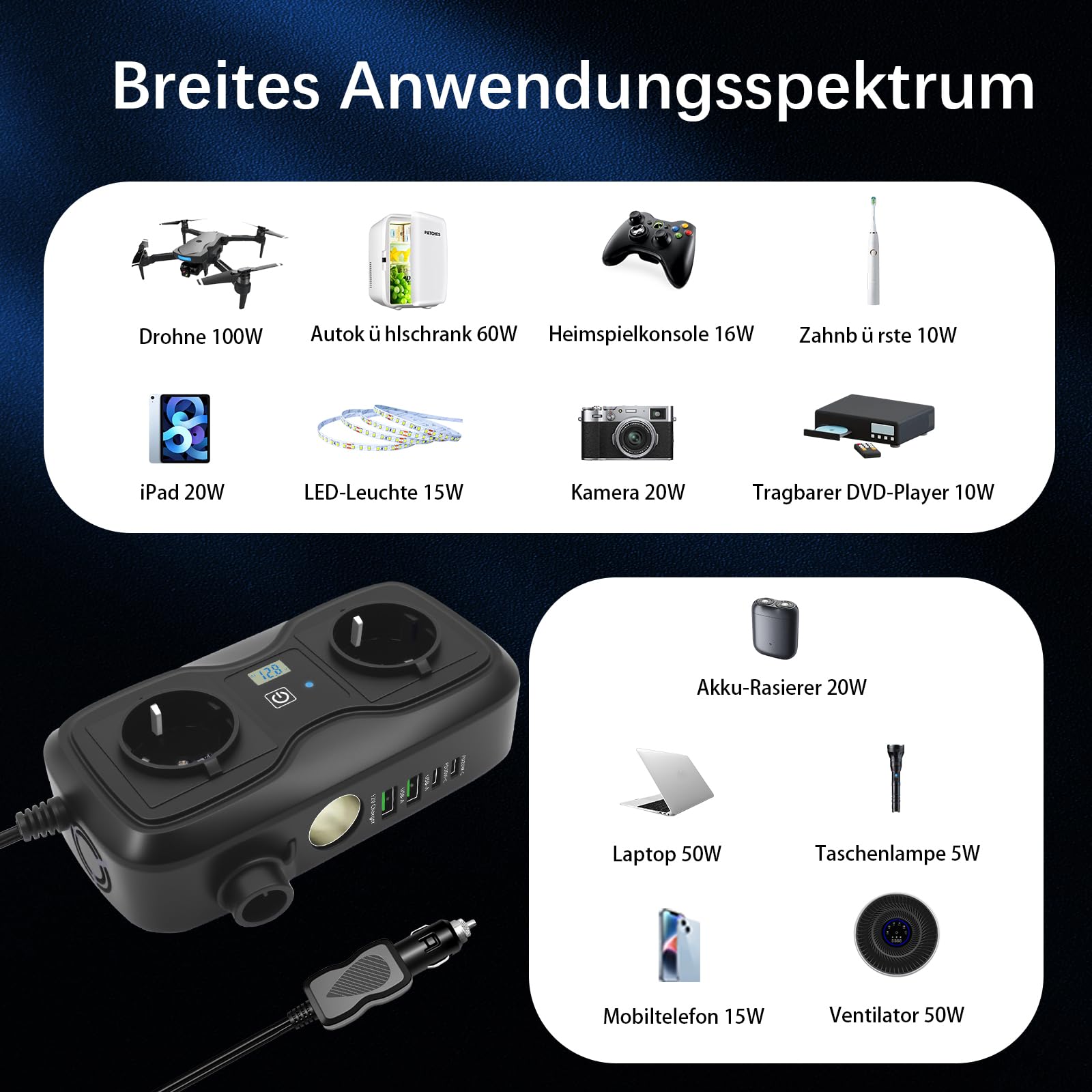 7 in 1 200W Wechselrichter 12V auf 220–230V, SZSSTH Spannungswandler Auto Steckdose 2 USB-A/2 Typ-C (5V 3A), Stromwandler mit Zigarettenanzünder Steckdose Power Inverter für Handys, Laptops, Campen