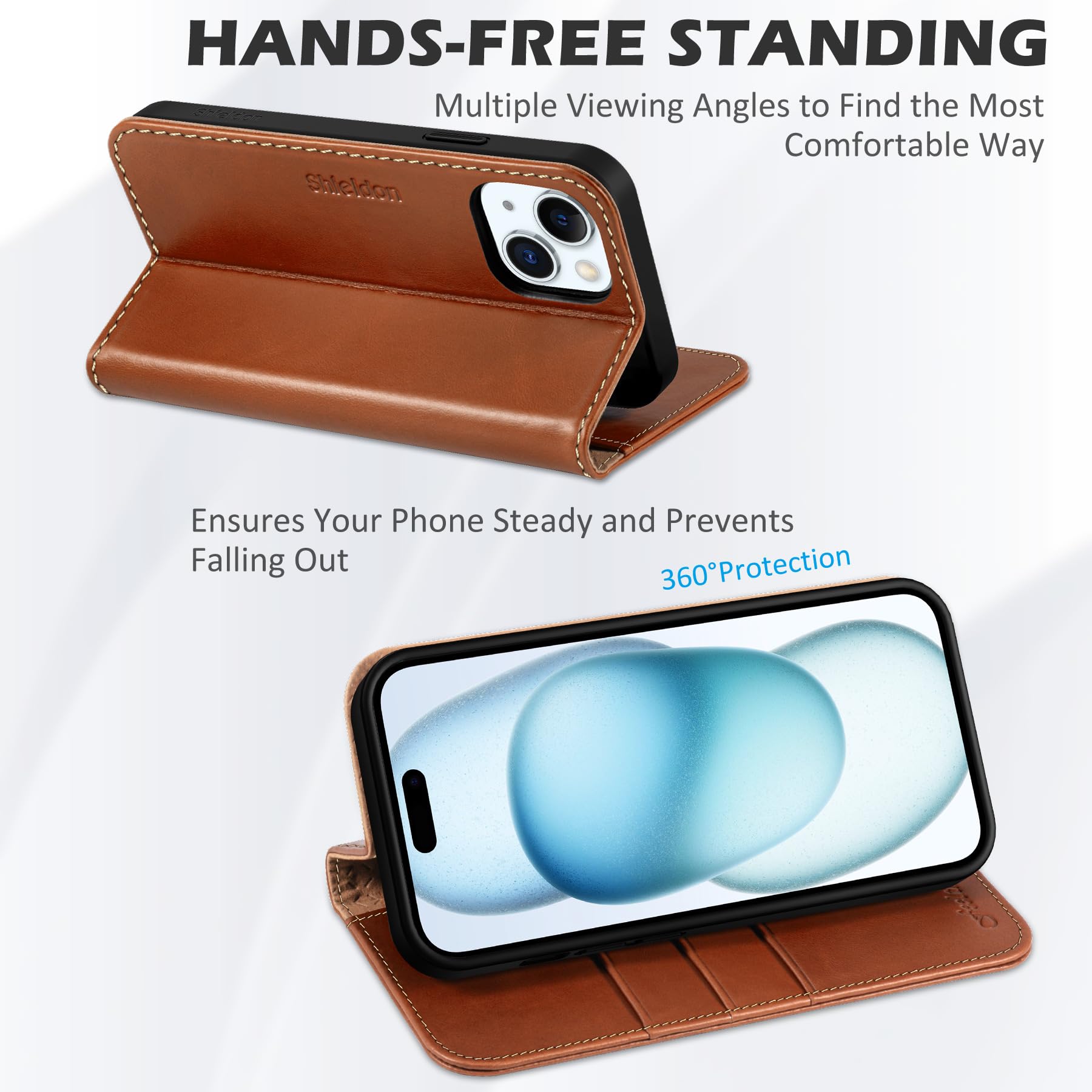 SHIELDON Funda para iPhone 15 Plus 5G, Carcasa Case Cover de Cuero Genuino con [Cáscara TPU][Bloqueo RFID][Ranura para Tarjeta] Funda Piel Compatible con iPhone 15 Plus (6.7", 2023), Marrón Retro
