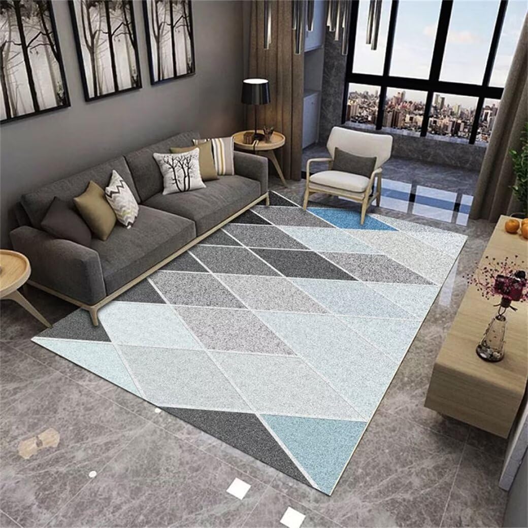 Tapis de chambre bleu 100x160 cm moderne en grille pour salon et ados