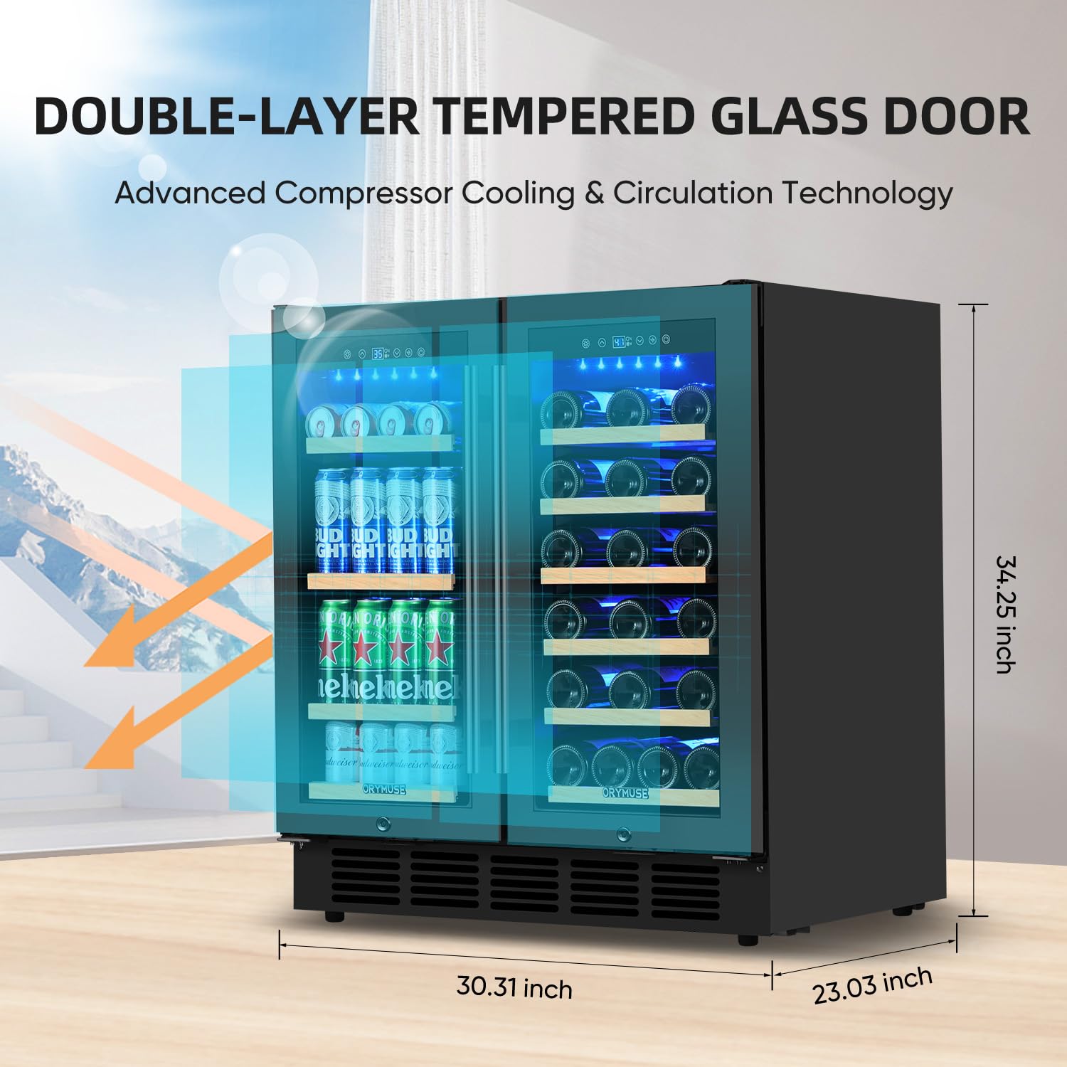 Orymuse 30 Inch Dual Zone Wine & Beverage Refrigerator, Built-In Or Freestanding Wine Fridge With Seamless Black Stainless Steel Door, Glass Door, Digital Touch Control, Holds 30 Bottles & 110 Cans on Fridge.com - View 5