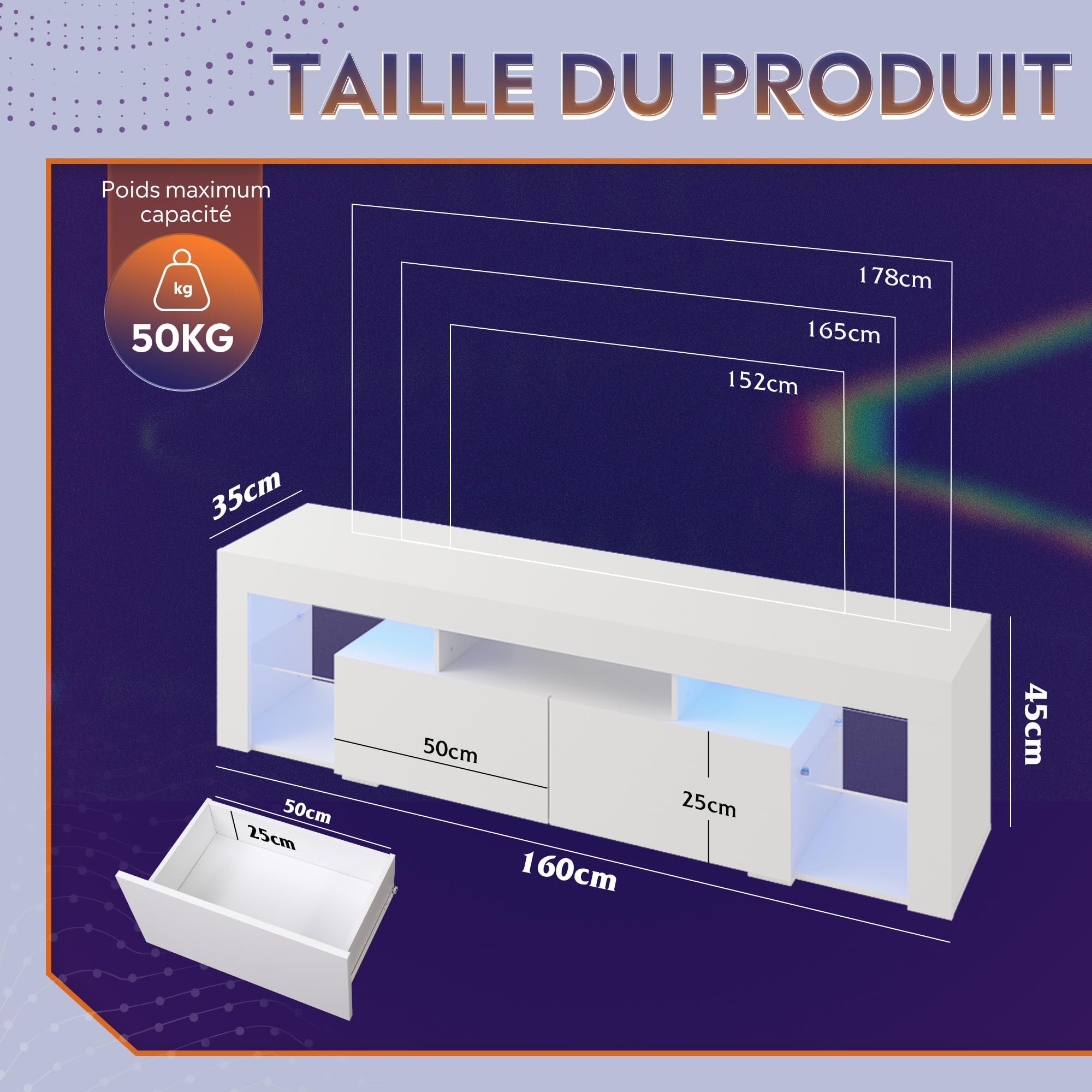 WLIVE Meuble TV LED 160 cm Blanc avec LED pour téléviseurs de 50, 55, 60, 65, 70", 20 Couleurs, RVB, pour Salon, Chambre à Coucher, Banc TV Moderne en Bois avec 2 tiroirs