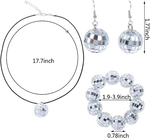 Miniatura 5 de Juego de 5 piezas de accesorios de discoteca de los años 70, aretes de bola, collar, pulsera, diadema brillante y gafas de sol para mujer