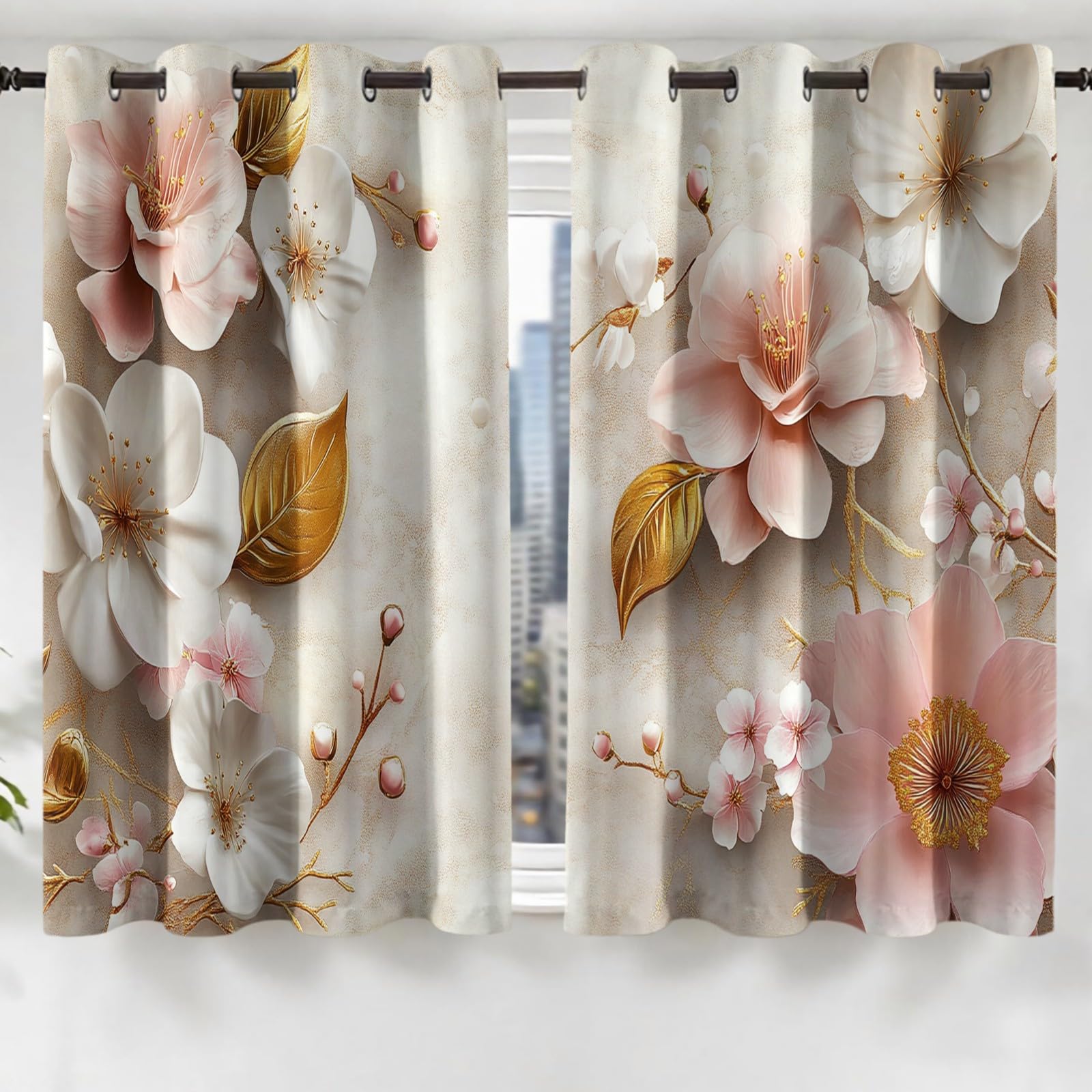 Rideaux Occultants Thermiques Lot de 2, Fleurs et bourgeons de Feuilles dorées 132L X 210H cm Isolation Contre la Chaleur, pour Chambre et Salon