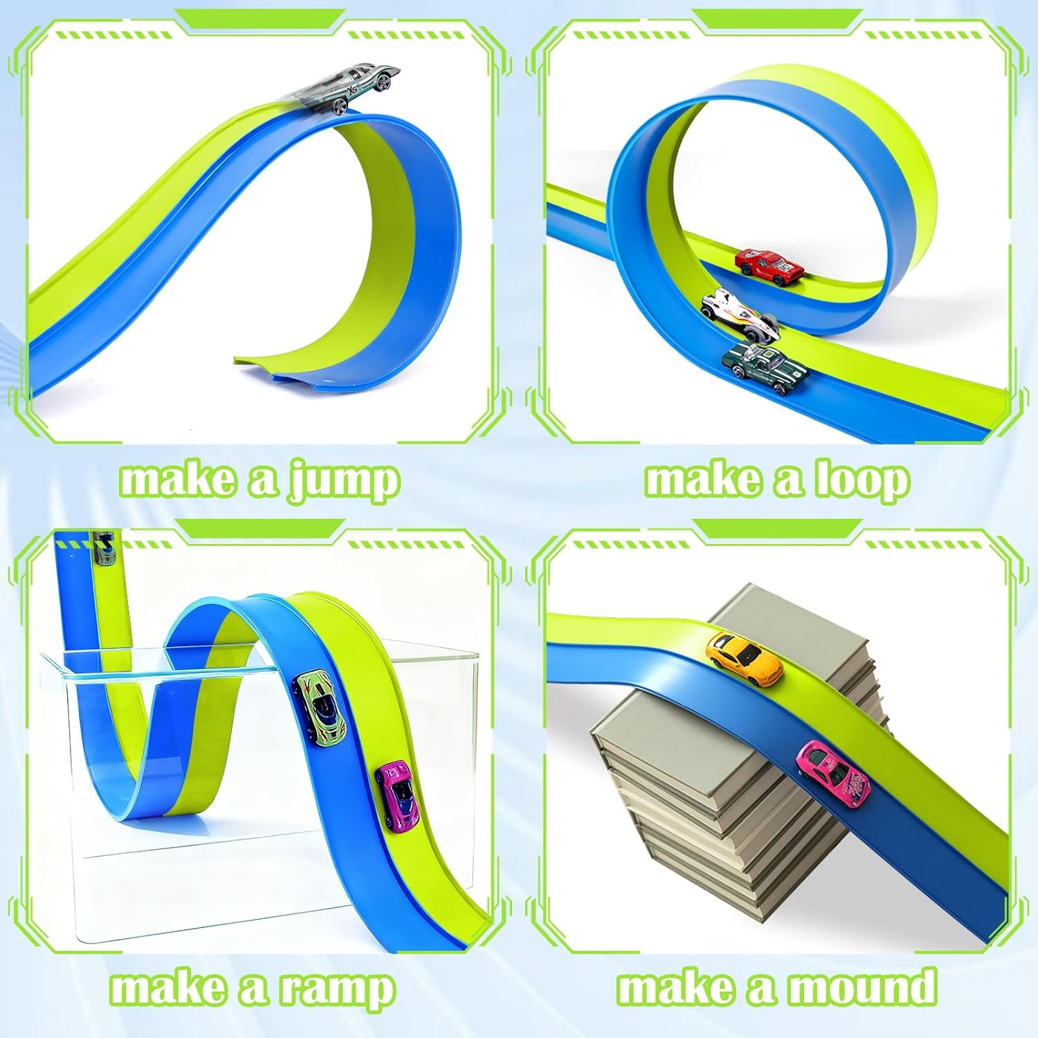 Flexible Race Track Toys for Kids, 15 Ft Flex Tracks Starter Set with Strong Suction Cups - Compatible with Hot Wheels and Diecast 1/64th Cars, Rolls up Portable Race Car Ramp Track (Blue Green)