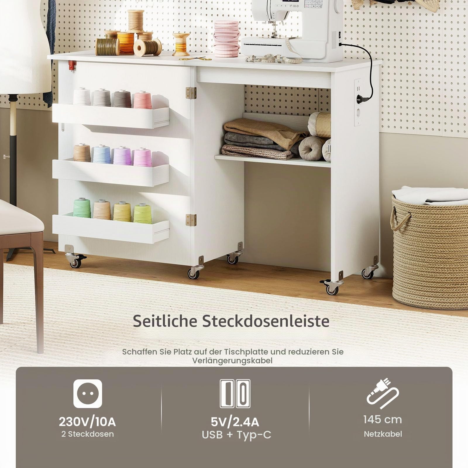 LIFEZEAL Klappbarer Nähtisch mit Ladestation, Mobiler Nähmaschinenschrank mit Regal & Schubladen, Multifunktionaler Nähschrank mit Rollen für Zuhause & Büro (Weiß)