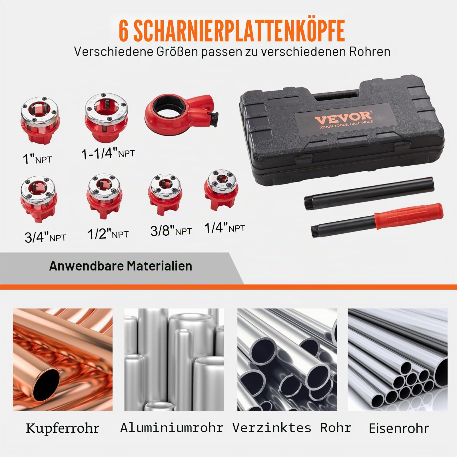 VEVOR 6-tlg. Set Gewindeschneidkluppe Rohrgewindeschneidsatz Kluppe Gewindeschneider 1/4 Zoll NPT – 1-1/4 Zoll NPT im Koffer 9SICR-Schneidkopf Ideal für Baugewerbe Sanitärindustrie usw.