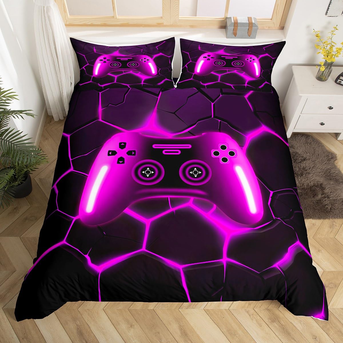 Homewish Boys Gaming Single Duvet Cover Set Kids Purple Gamer Bedding Abstract Geometric Honeycomb Quilt Cover with 1 Pillowcase