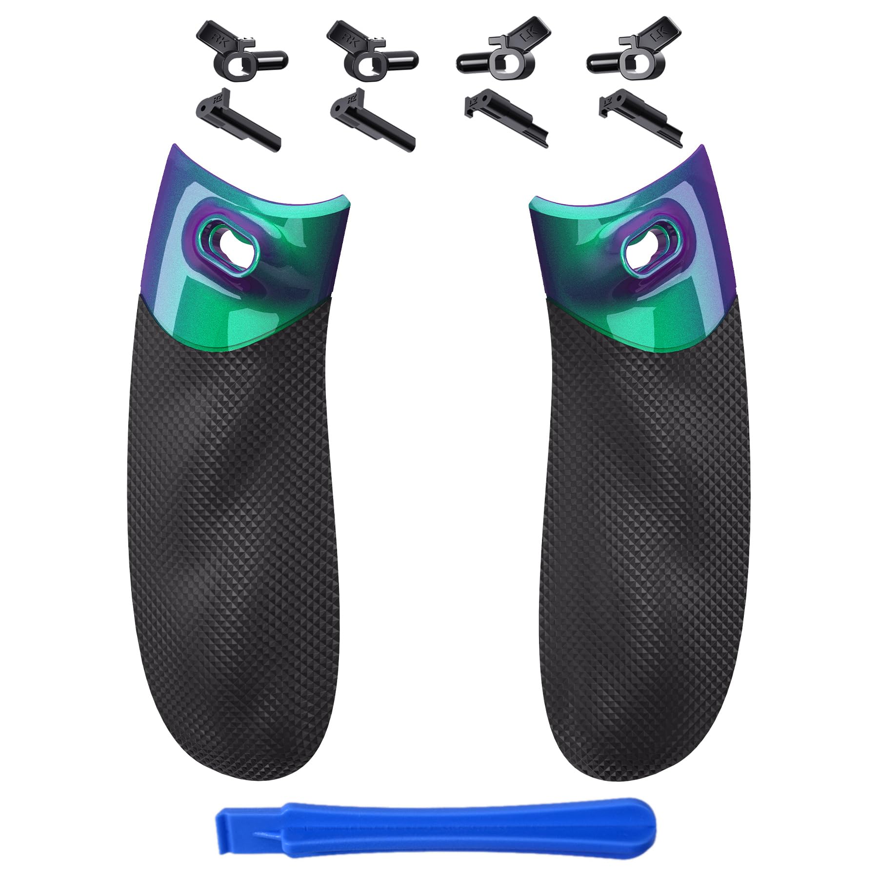 eXtremeRate Flexor Gumowane uchwyty szyn bocznych, zestaw zatrzymania spustu do kontrolera Xbox Series X/S, ergonomiczne, do kontrolera Xbox Core, teksturowane, kameleon, zielony, fioletowy