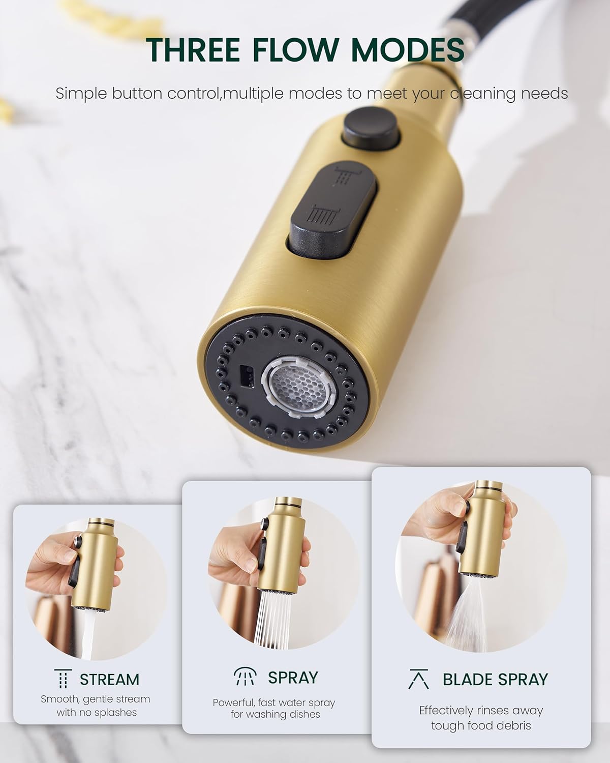 Pull Down Spray Head for Kitchen Sink, Replacement with 15 Adapters, 3 Function Pull Out Faucet Sprayer Nozzle, Brushed Gold