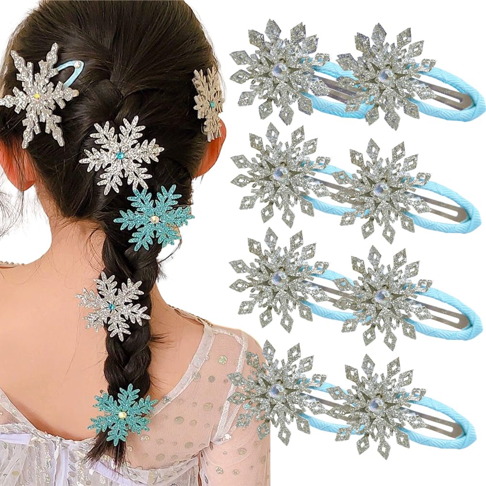 8PCS Snowflake Hair Clip Blue White Christmas Hair Accessories for Women Xmas Bow Hair Clip Festive Snowflake Hairpins Holiday Hair Accessory Party