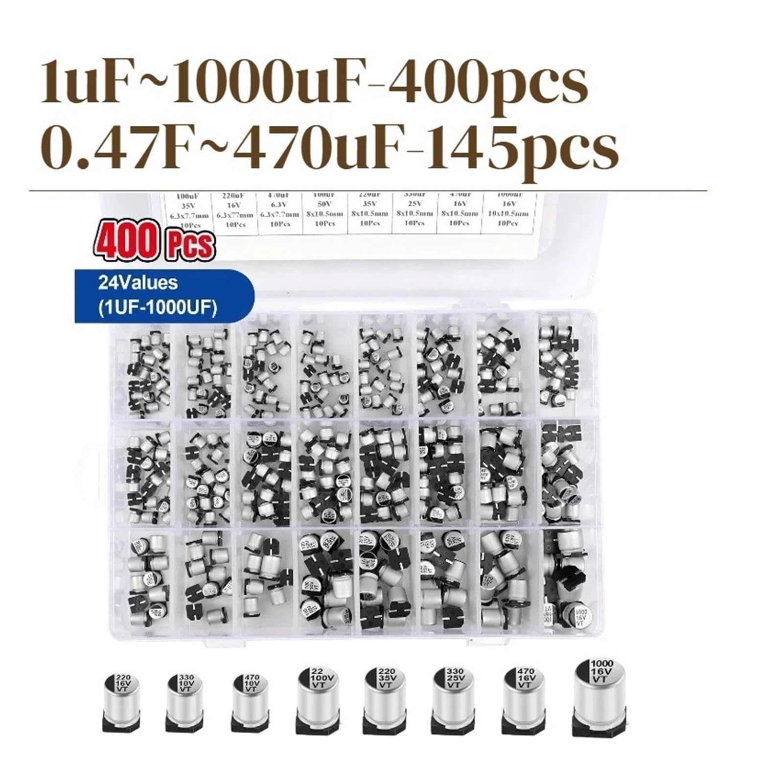 400 Uds 1uF ~ 1000uF Kit De condensadores electrolíticos De aluminio electrolitos 6,3 V-50V 24 valores con caja De reparación(145pcs-kit)