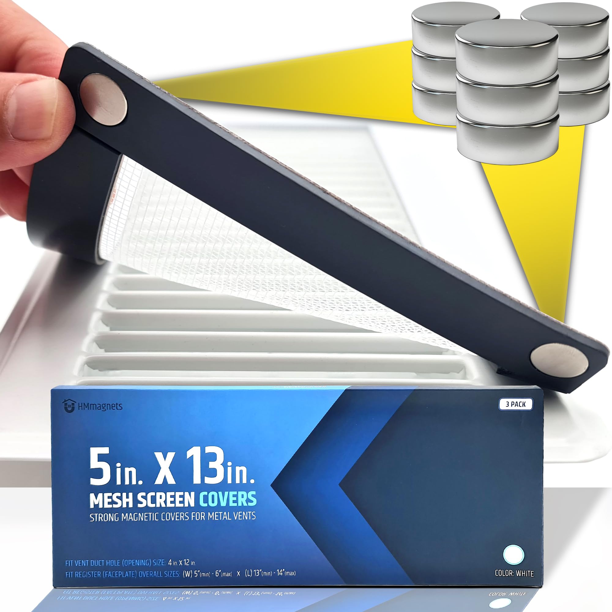 Powerful Magnetic Vent Screen Mesh Covers (3-Pack) That Will Never Move or Fall - for Floor, Wall & Ceiling Registers of Width 5" to 6", Length 13" to