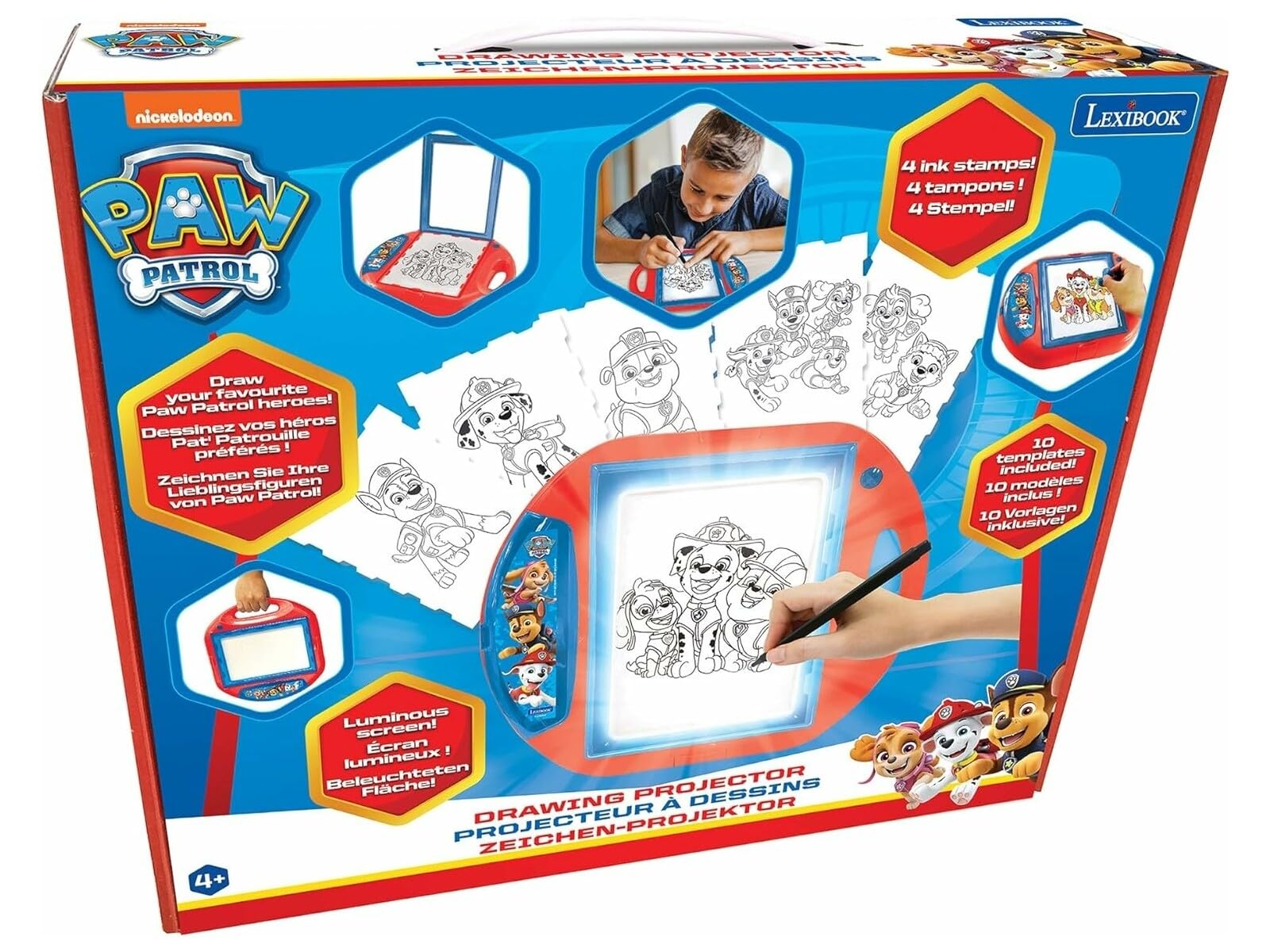 Lexibook, Paw Patrol, Proiettore da Disegno, 4 assorbenti, 10 Modelli, Schermo Luminoso, 1 Penna Inclusa, Giocattolo Artistico e Creativo per Ragazze e Ragazzi, Rosso/Blu, CR310PA | 4 timbri, 10 stencil, 1 matita, display luminoso, giocattolo creativo, pe