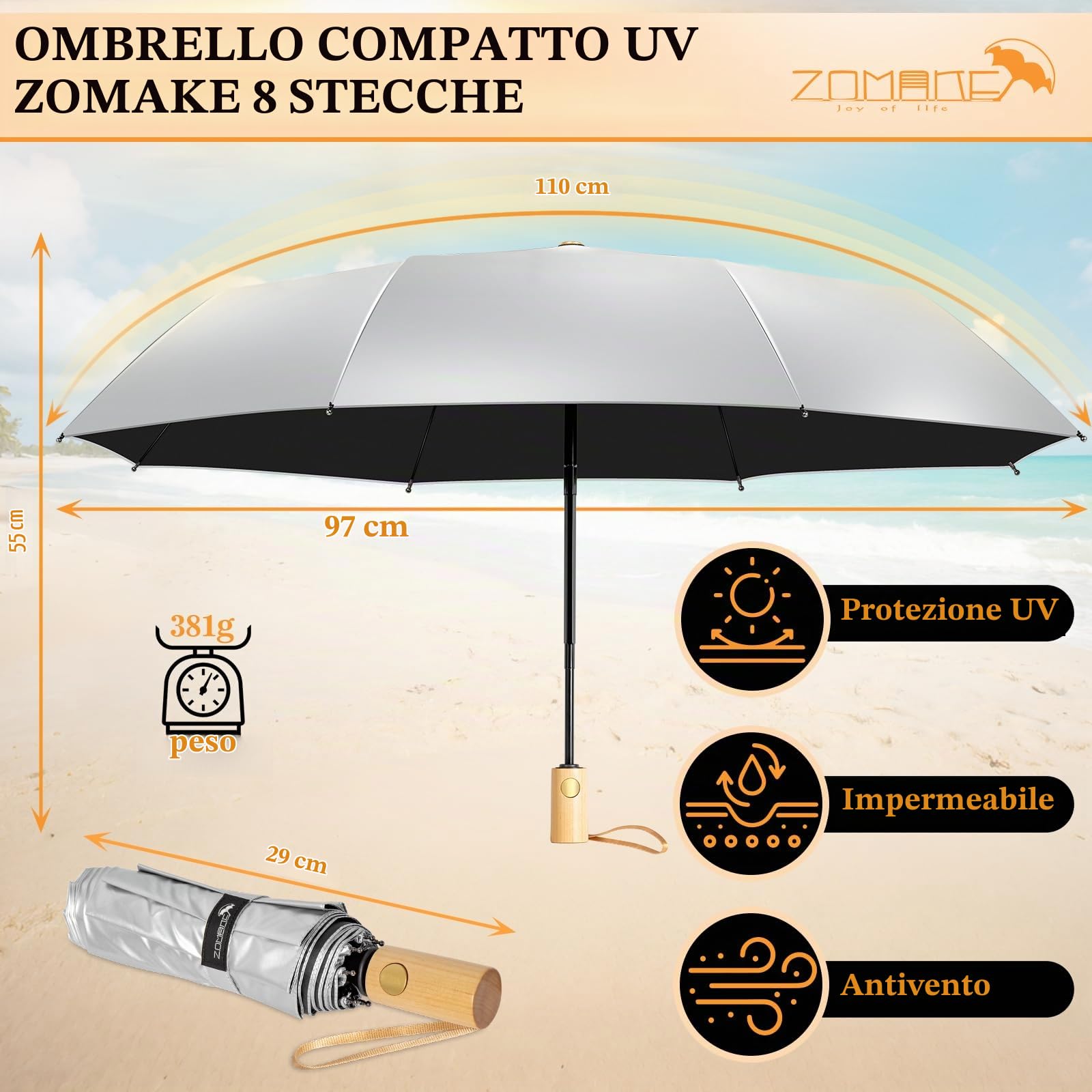 ZOMAKE Ombrello Parasole Anti Uv,Ombrelli Pioggia Pieghevole Antivento Automatica,Umbrello Compatto Da Sole Con Manico In Legno Per Uomo Donna