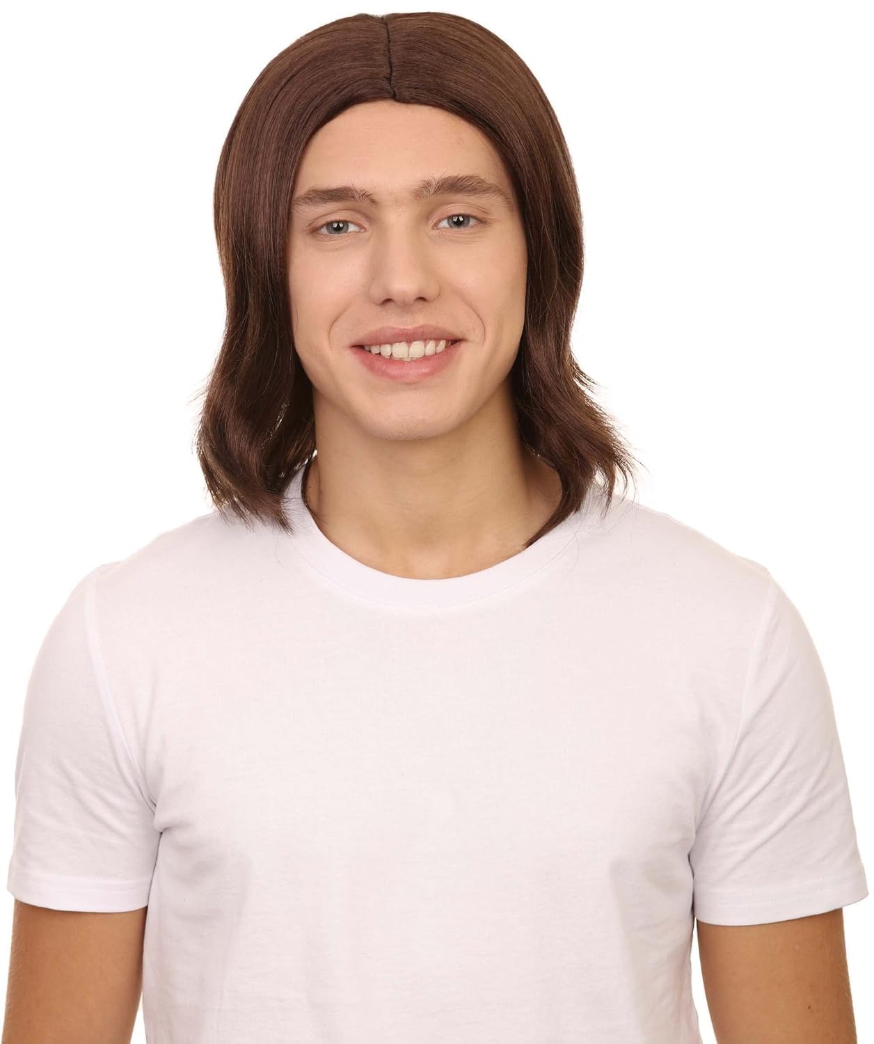 HPO Adult Men's 12.5" Inch Medium Length Halloween Cosplay Robotic Rockerboy Costume Wig, Synthetic Soft Fiber Hair,Color Brown, Perfect for your next Festival and Group Anime Party!