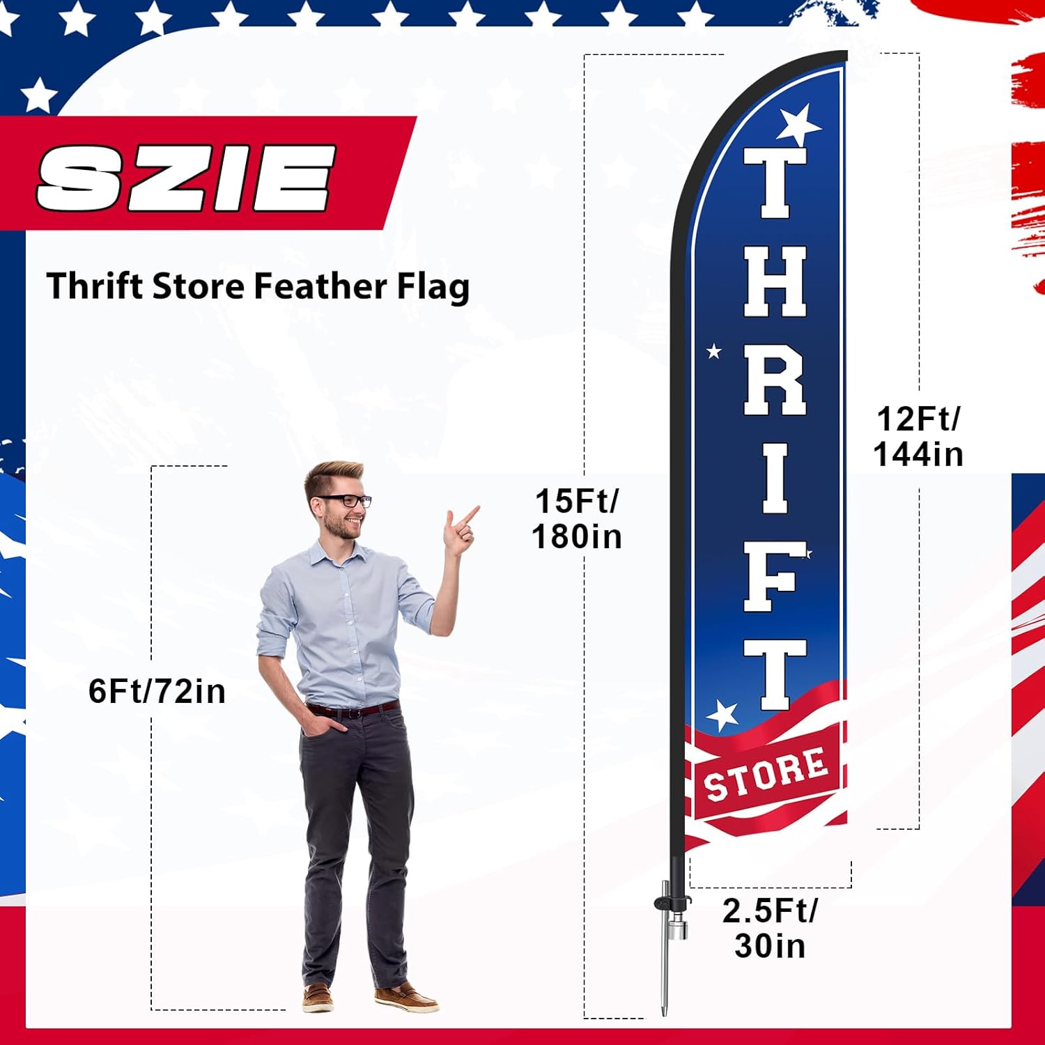 CroBlissful Thrift Store Feather Flag Advertising Feather Banner Thrift Store Flag for Business and Advertising with Pole and Ground Stake 15 ft Tall Decor for Outside (Stars and Stripes)