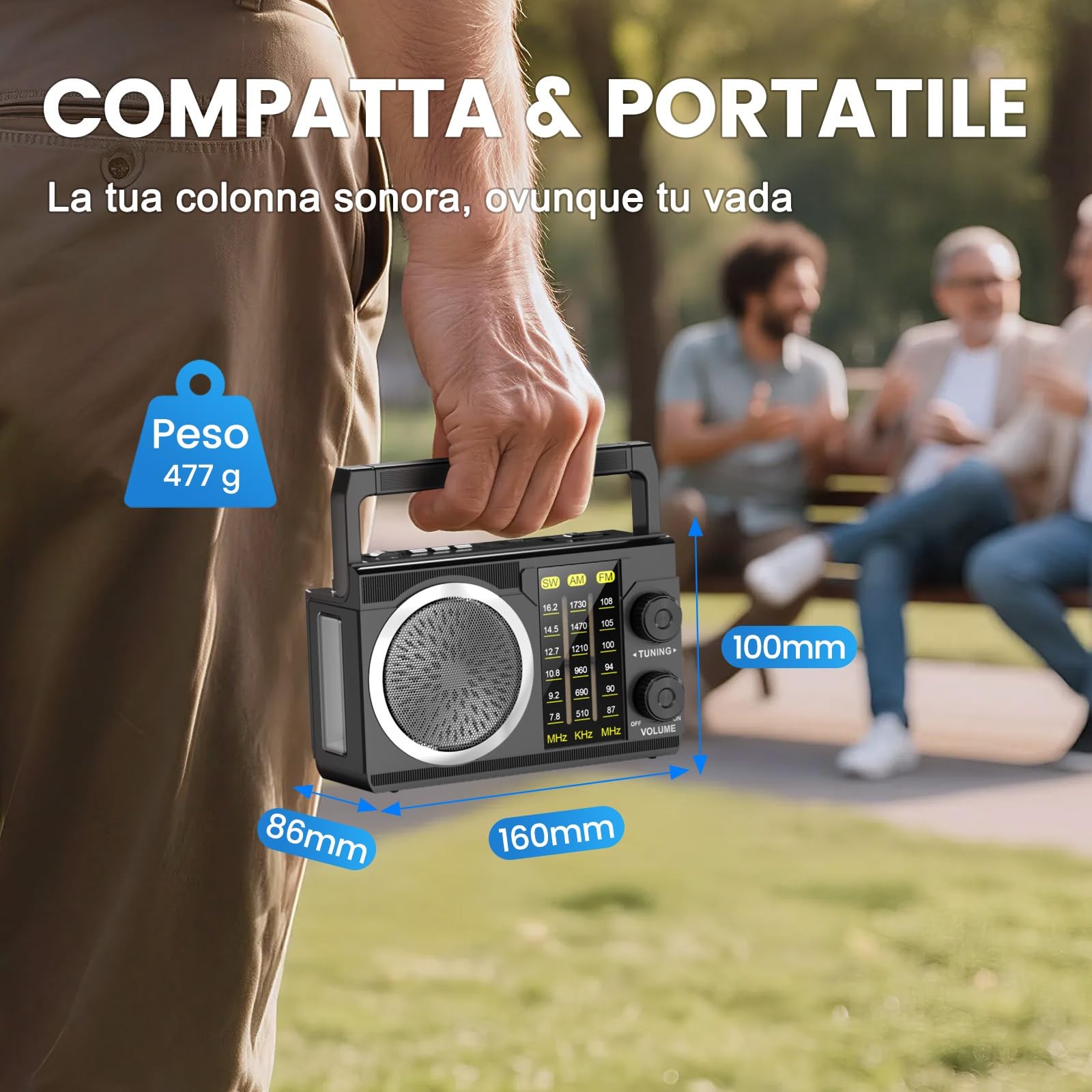 PRUNUS J-135S Radio Portatile AM/FM/SW, Mini Radio Solare Bluetooth 6.0, Radiolina a Pile (AA) e Batteria Ricaricabile 1800 mAh con Torcia, Supporta TF/USB, per Casa, Campeggio e Emergenza.