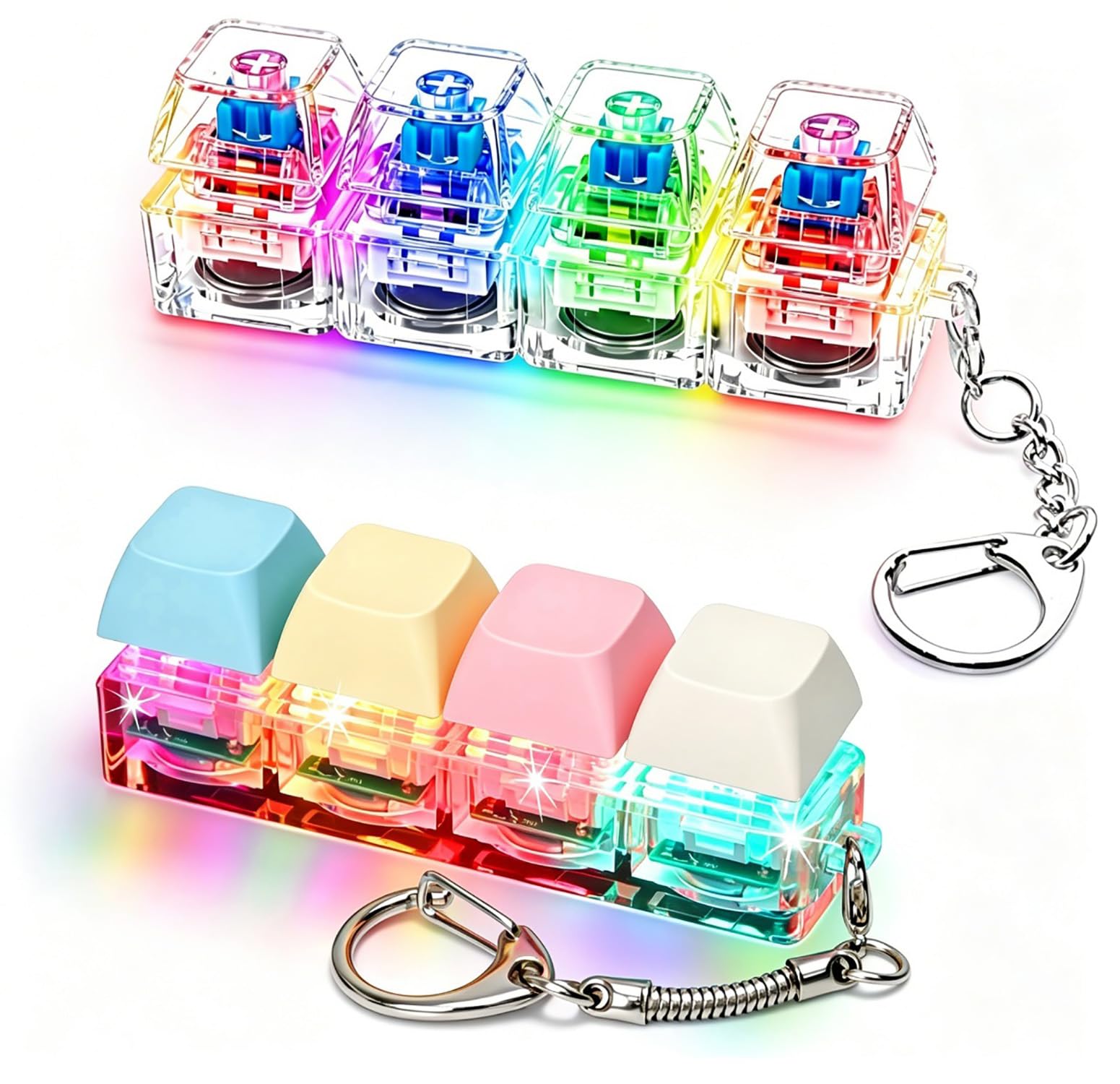 Bambebe 2 PCS Glow Keyboard Fidget Toy, Keyboard Fidget with LED Light Keychain 4-in-1 Keyboard Decompression Button Finger Clicker Toys, Button Stress Relief Fidget Gifts for Kids Adults