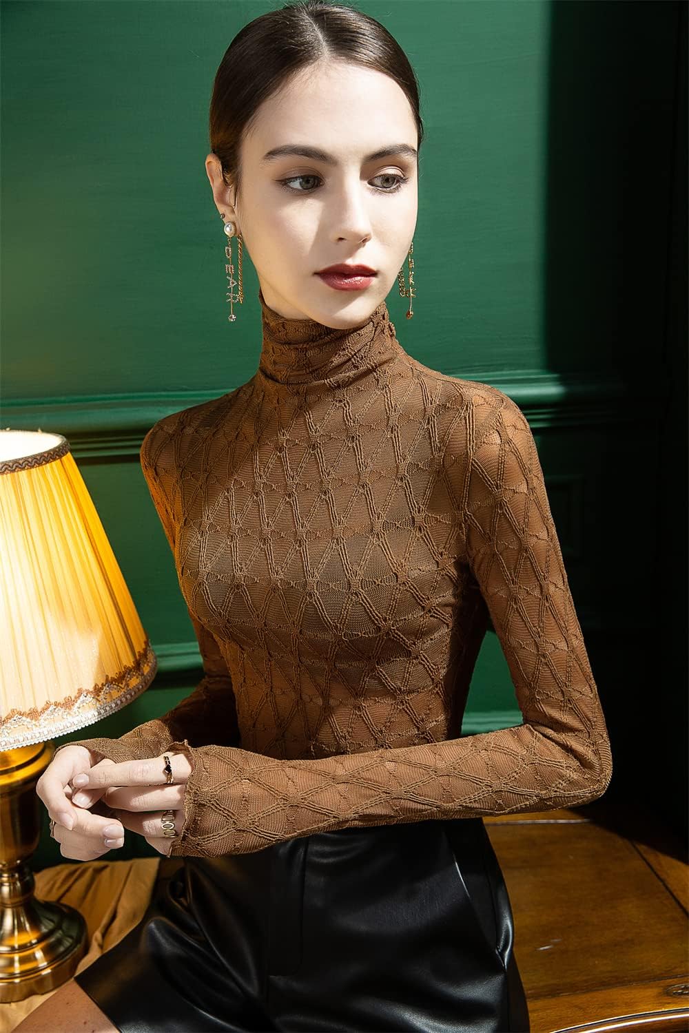 Women's Large Long Sleeve Bodycon Turtleneck Tees Top Lace Sexy See Through Sheer Mesh Eyelash Trim Shirts Elegant Blouse