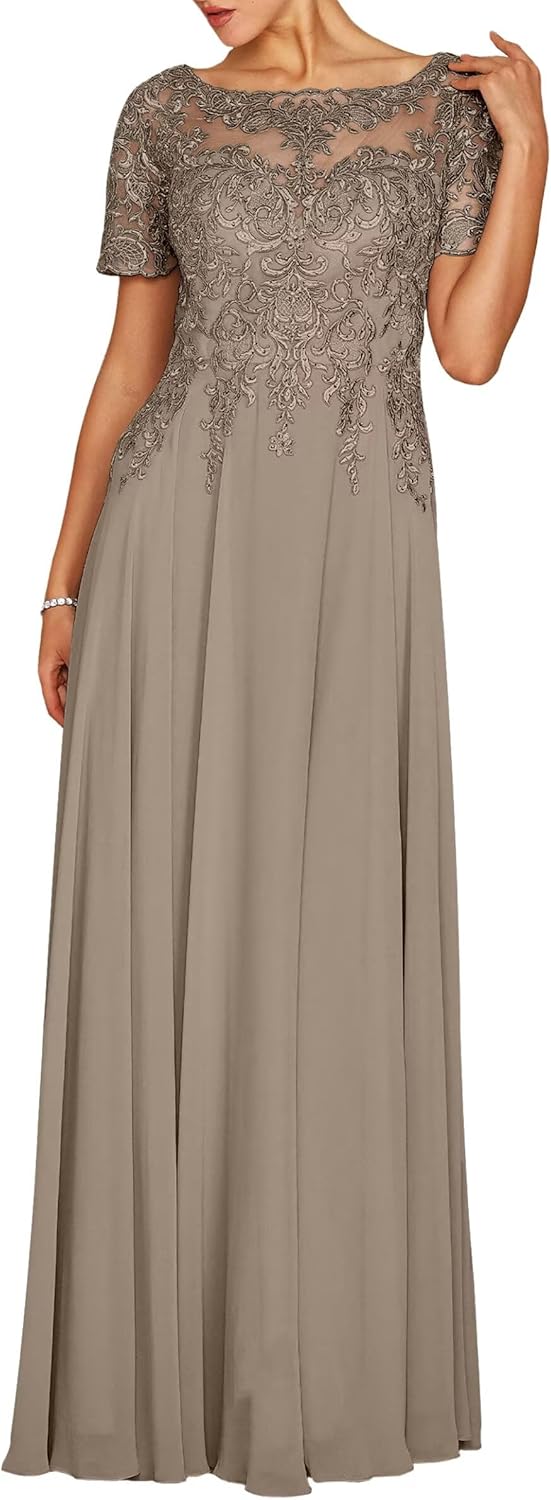 Women's Short Sleeve Chiffon Mother of the Bride Dresses Boat Neck Lace Applique Formal Wedding Guest Evening Gowns