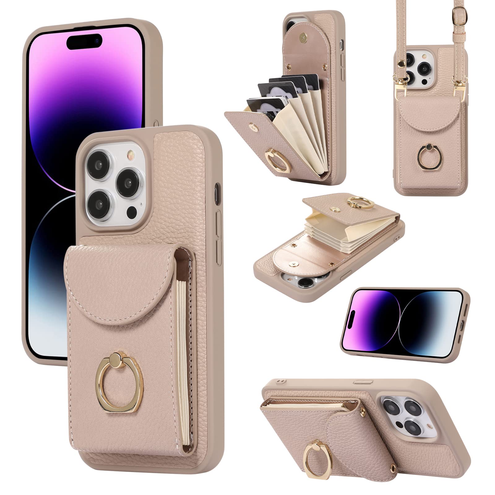 ESYCiPhone 13 Pro Max Wallet Case with Card Holder, PU Leather Case with 360° Rotatable Ring Stand Protective Case for Women，Detachable Strap Fashion Designs for iPhone 13 Pro Max 6.7" (Apricot)