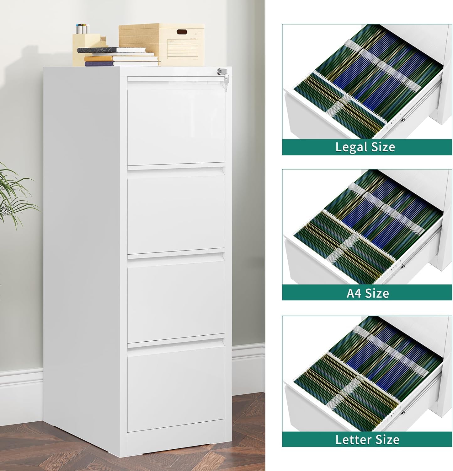 YITAHOME Aktenschrank mit 4 Abschließbaren Schubladen, Kippsicherer Rollender Aktenschrank mit Rädern für das Büro zu Hause, Unter-Pult-Aktenschränke, weiß, 62 x 45.8 x 133cm