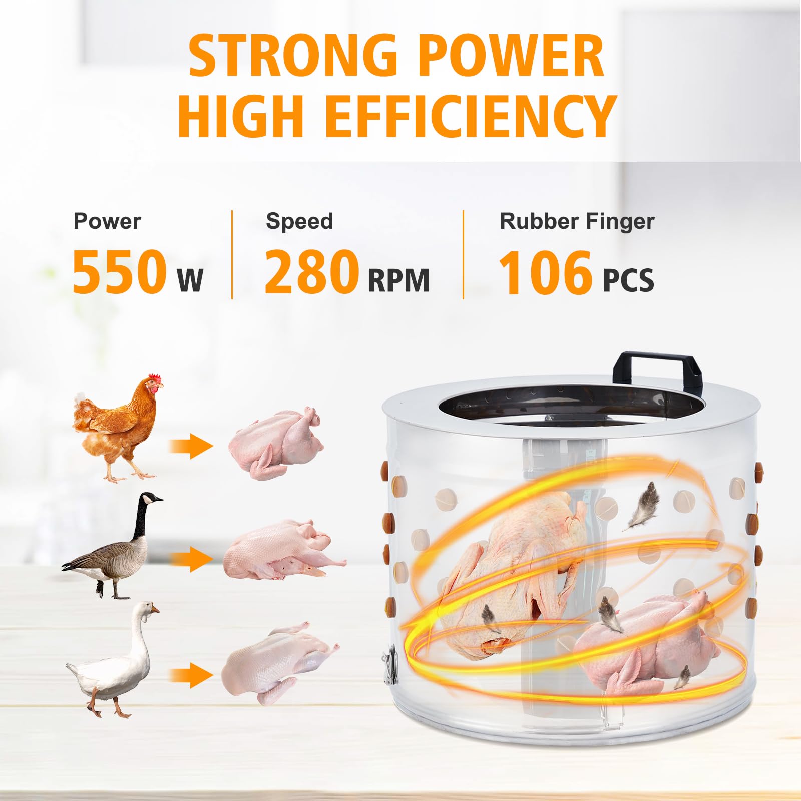 Towallmark Plucker de volaille en Acier Inoxydable – 500 W Haute efficacité Commerciale, 106 Doigts Souples, pour fermes, usines de Transformation de Poulet, Restaurants, Maison