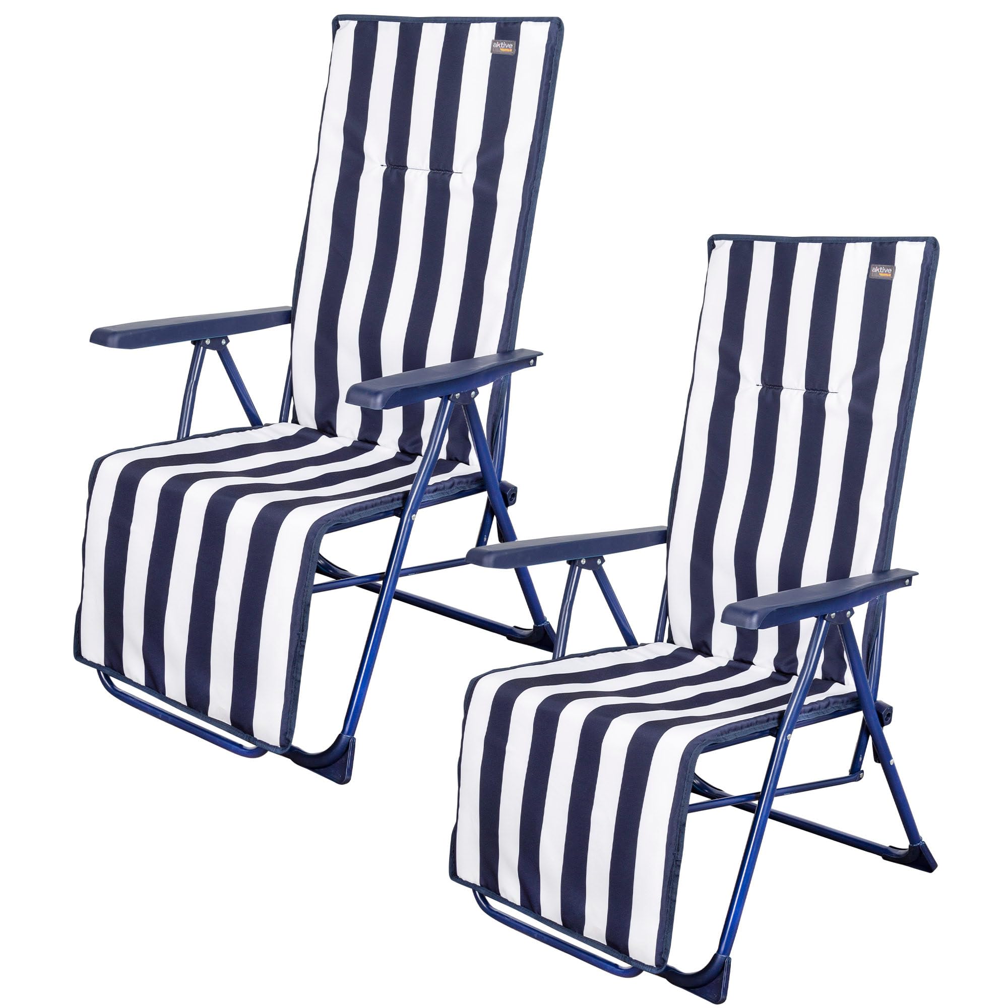 AKTIVE Pack 2 tumbonas Plegables Rayas marineras, 147 x 48 x 70 cm, Estructura Acero Ø22 mm, Asiento Acolchado terileno con Esponja, Reclinables 5 Posiciones, con reposabrazos y reposapiés (85510)