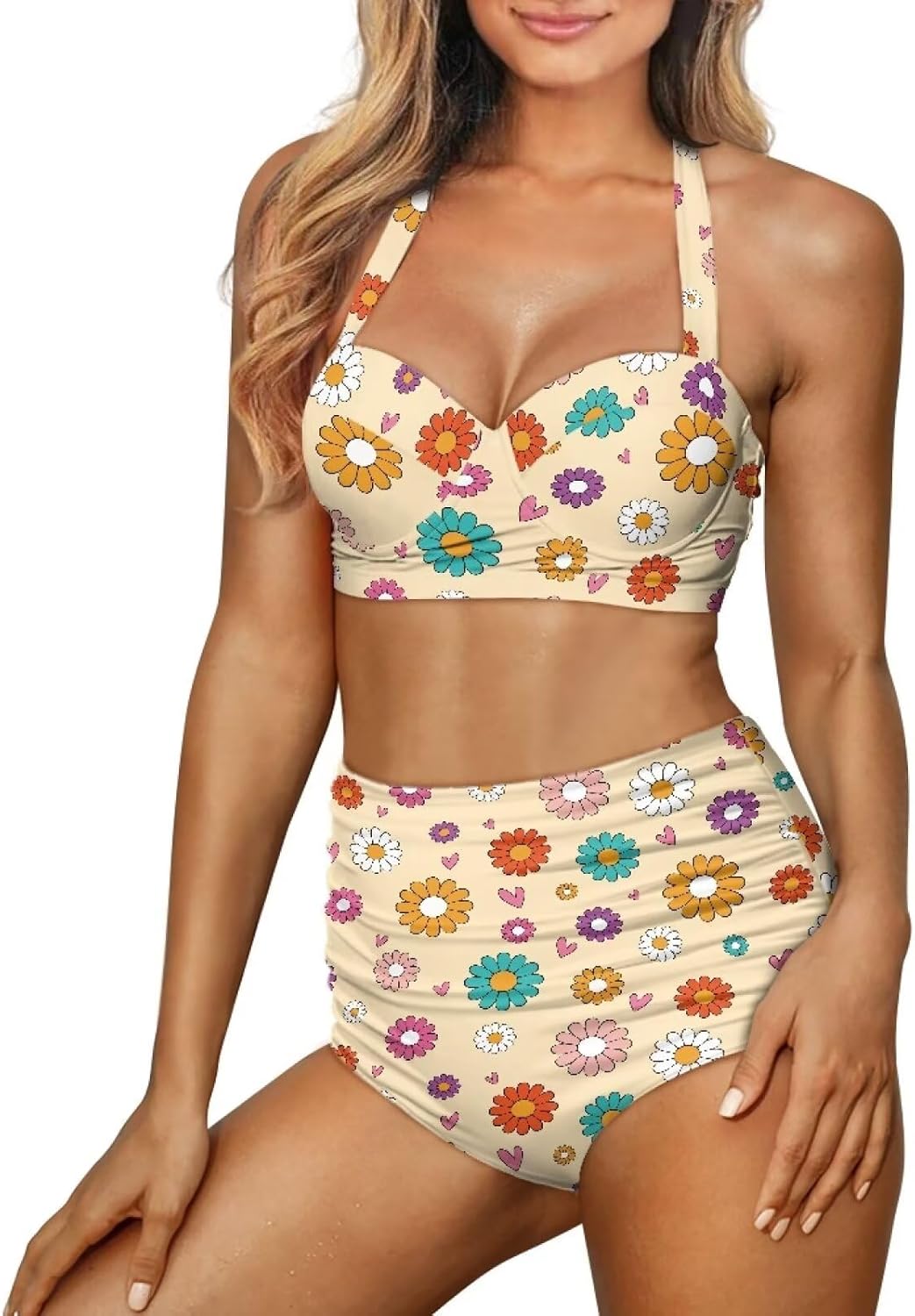 Suobstales Bikini Set for Women High Waisted Tummy Control Halter Top with Bottom, Two Piece Ruched Push Up Bathing Suit