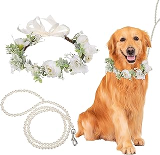 slcinwzdt Dog Wedding Flower Collar with Pearls Beaded Leash,Elegant Dog Flower Headband,Dog Wedding Attire Wreath Bow,Pet Photo Prop (Medium), Large, White - Buy now