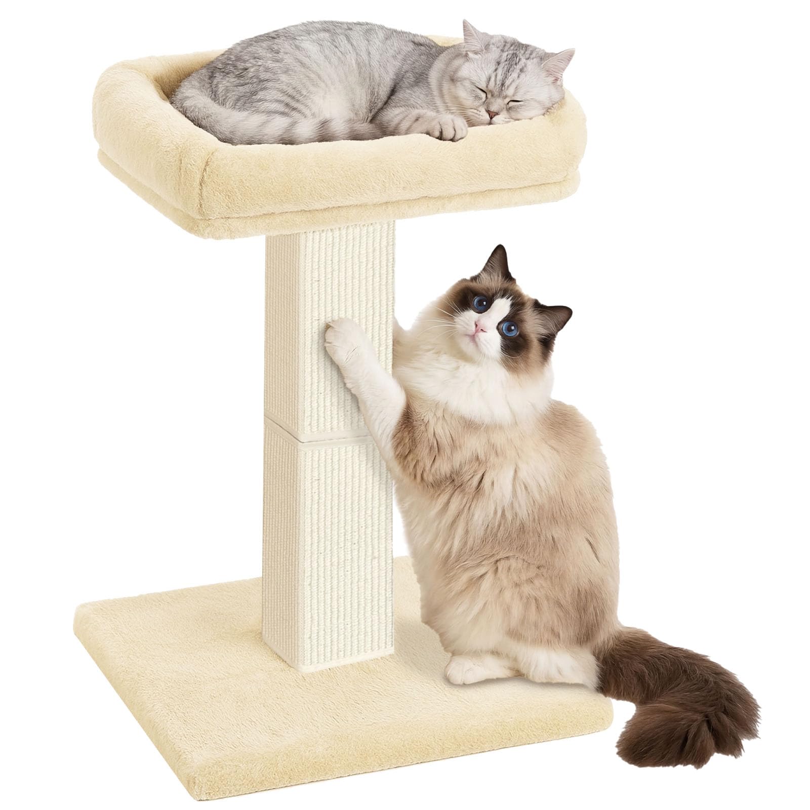 Tiragraffi per gatti, 81,3 cm, con grande posatoio in peluche, tiragraffi in sisal e moquette, pali verticali con letto rialzato per gatti domestici, fodera rimovibile e lavabile, beige