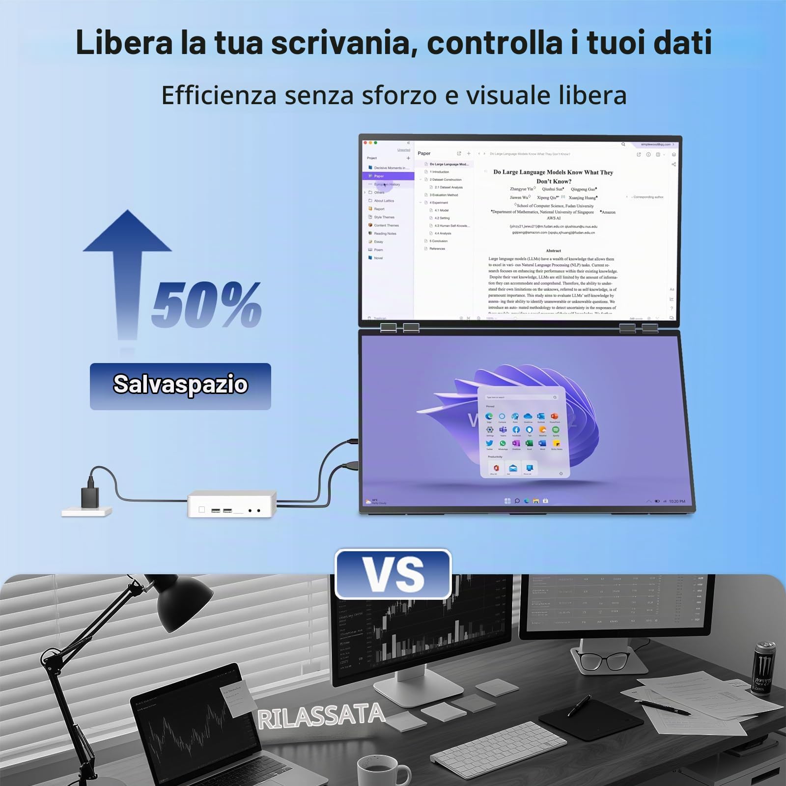 InnoView Doppio monitor portatile da 23,8 pollici, 100% sRGB 3840 x 2160P, 4K 315°, regolabile, doppio impilato, pieghevole, prolunga di visualizzazione con HDMI/USB-C/DP per laptop Windows Mac