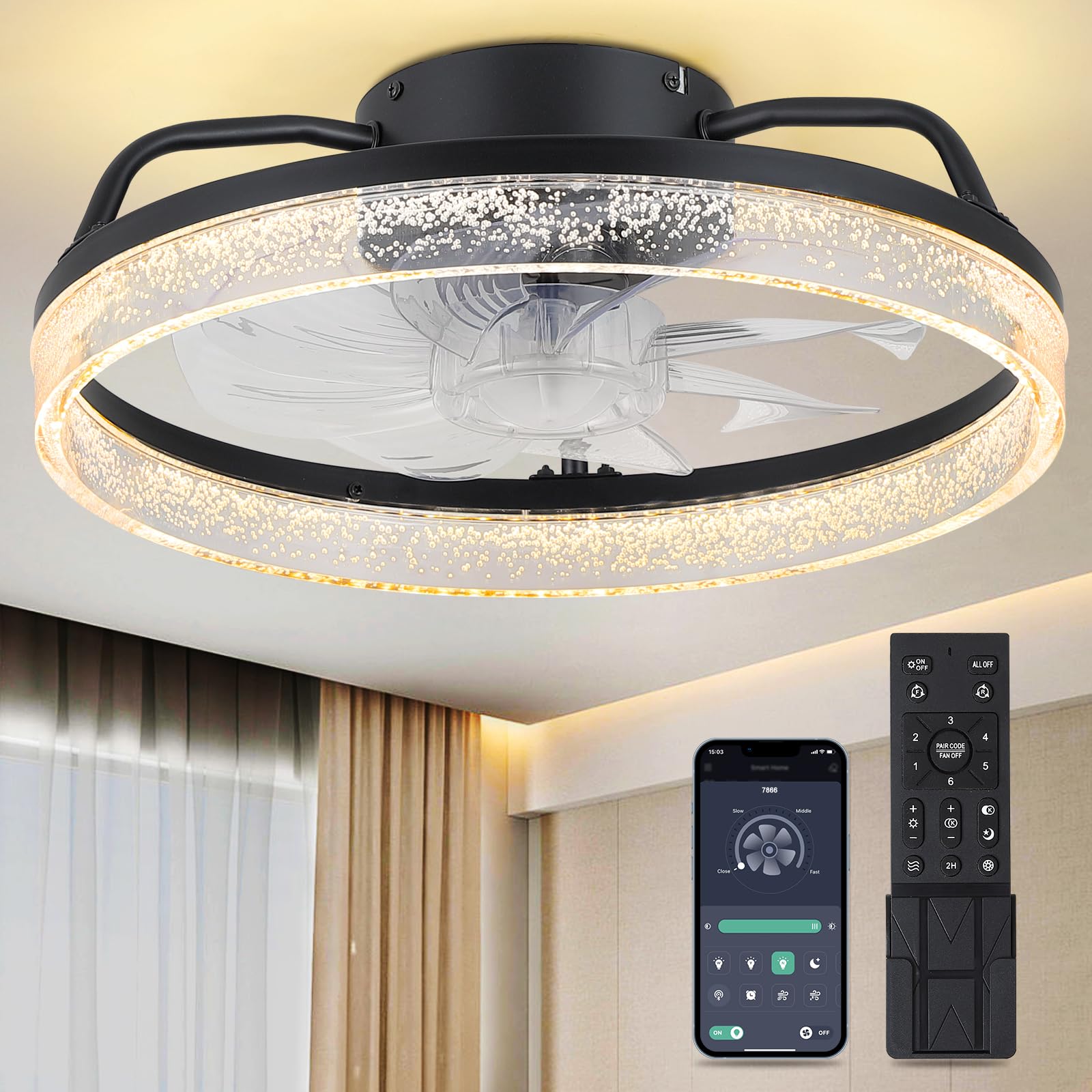 Asyko Low Profile Ceiling Fans with Lights and APP/Remote Control, Flush Mount Ceiling Fan 16'' 3000K-6500K Smart Bladeless LED Fan Light, Black Modern Ceiling Fans with Lights for Bedroom