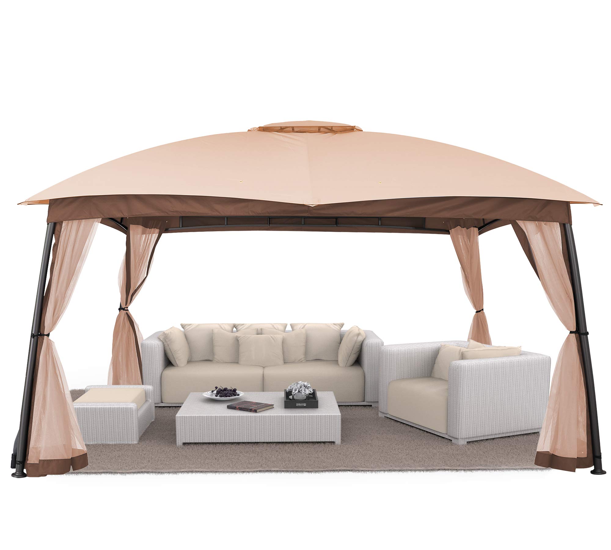 10 x 12 Gazebo for Patios, Outdoor Gazebo Canopy with Netting Sidewalls, Patio Gazebo Tent Without Ladder Needed, Ideal Deck Gazebo for Home, Lawn, Garden and Poolside (Khaki)