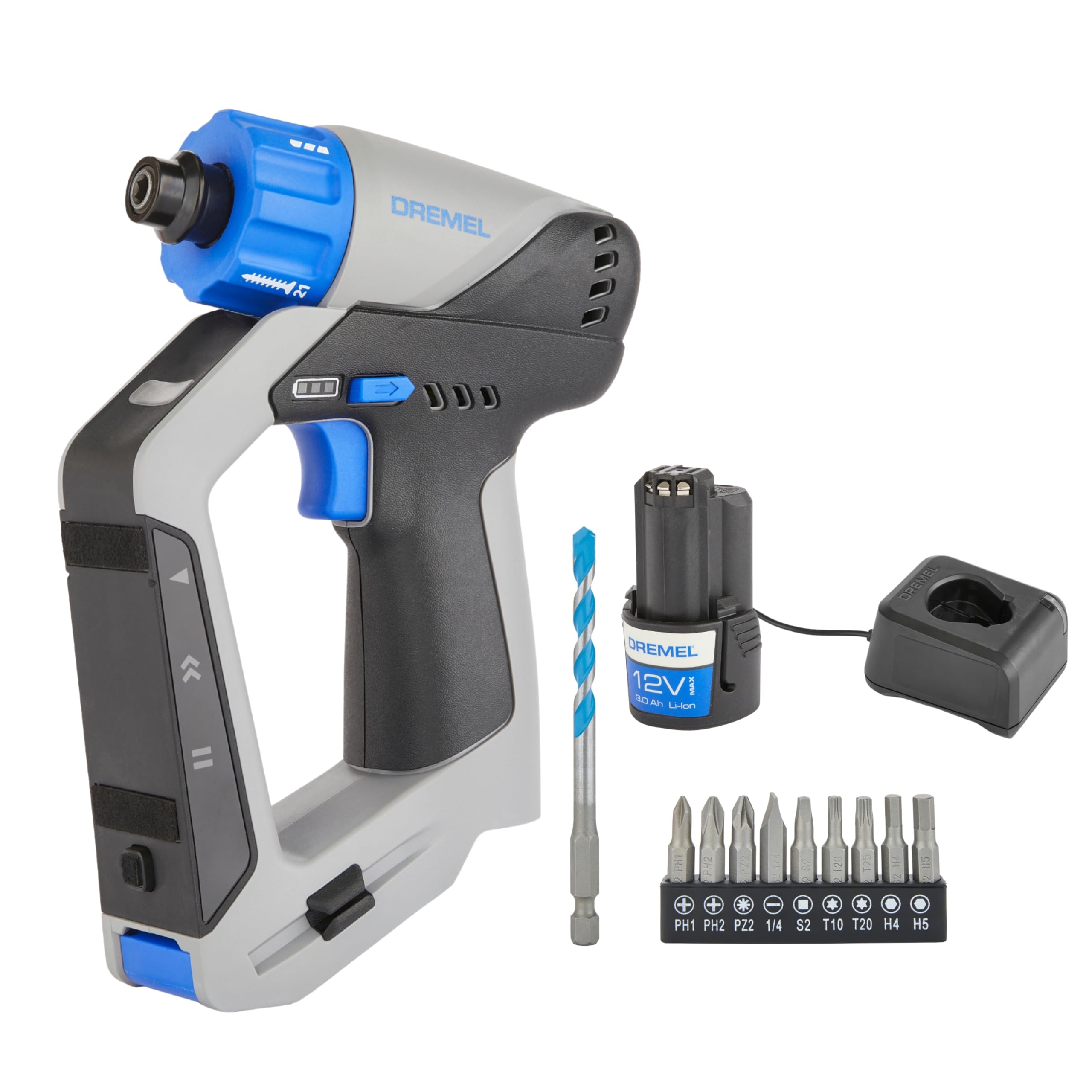 Dremel Blueprint 12 V, bezszczotkowa wiertarko-wkrętarka 3 w 1, akumulator 2,0 Ah, 9x zestaw bitów, 1x wiertło wielomateriałowe, poziomica, szybka ładowarka