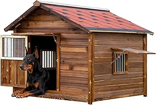 Extra Large Dog House Made of Solid Pine Wood, Dog House Outdoor Weatherproof with Window, Warm Doghouse with Elevated Floor for Moisture Protection, Pet House with Waterproof Roof, 6XL
