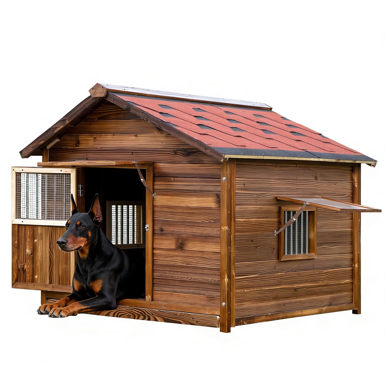 Outdoor Dog House Weatherproof with Window, Luxury Solid Pine Wood Dog House for Medium Dogs, Warm Doghouse with Elevated Floor for Backyard Farm, XL