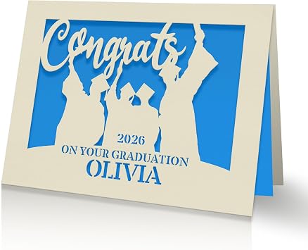 EDSG Personalized Graduation Cards Congratulations Grad Gift Graduation Decorations Supplies Laser Paper Cut with Any Name & Date for Him Her Son Daughter Brother Friend Blue